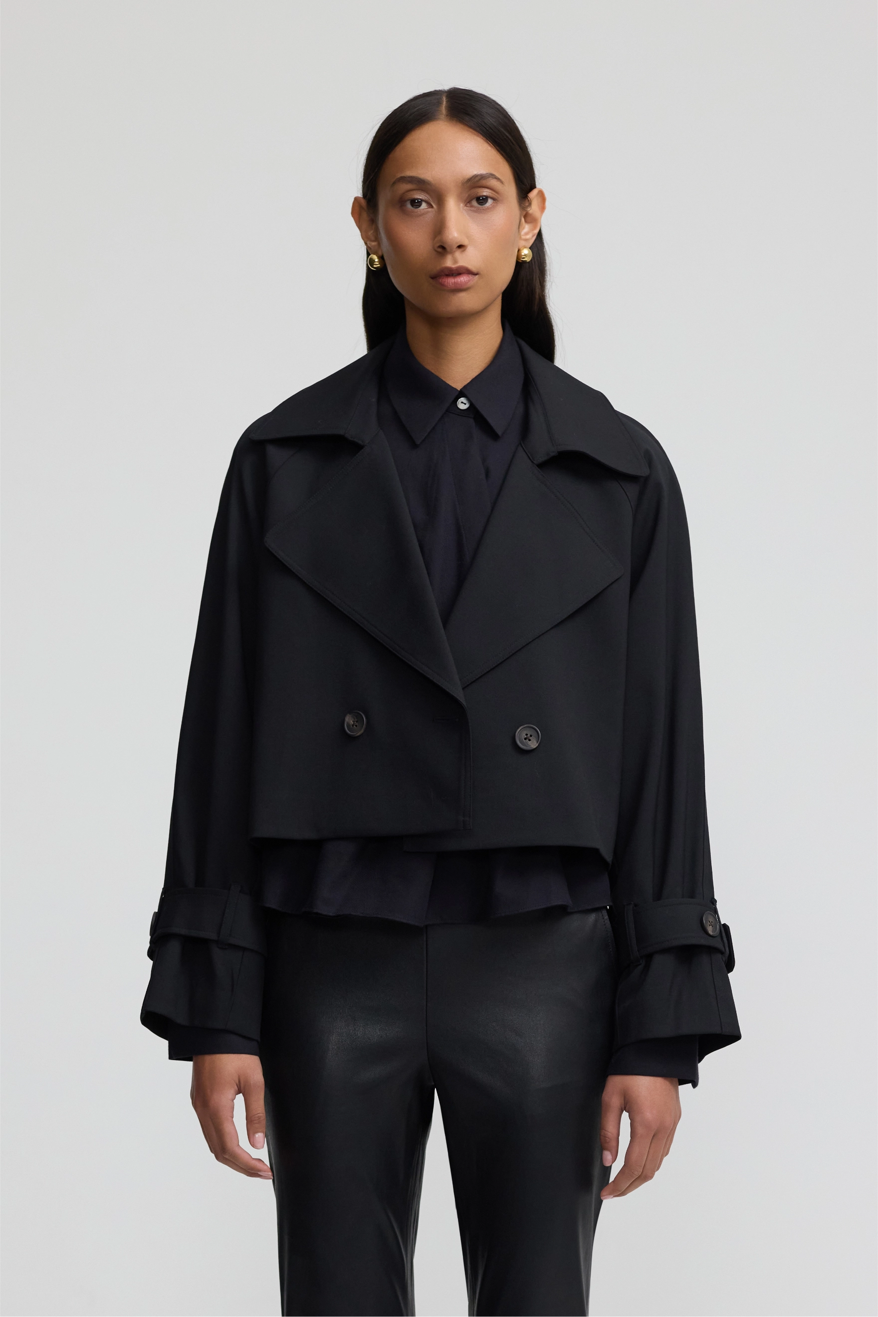 Cropped Trench Coat - Black Wool