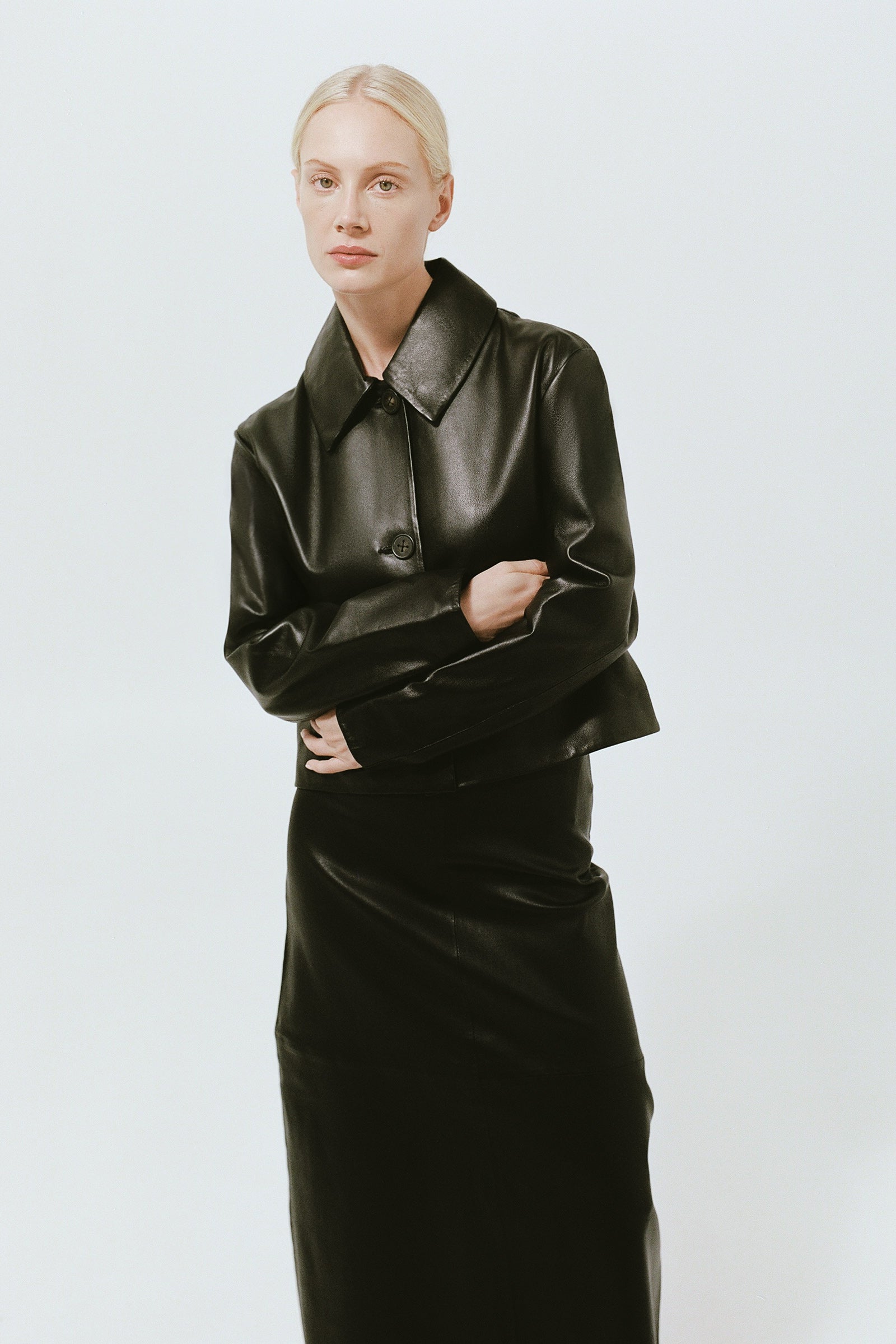 Leather Cropped Coat - Black