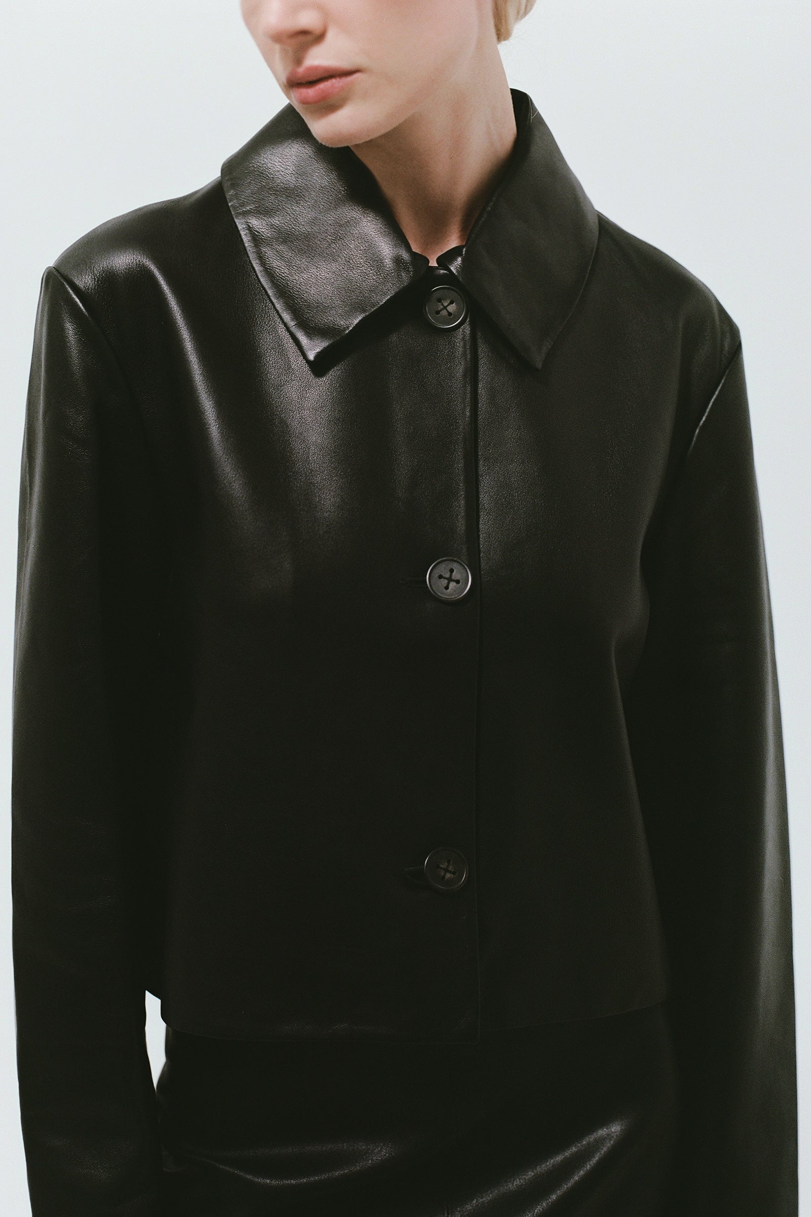 Leather Cropped Coat - Black