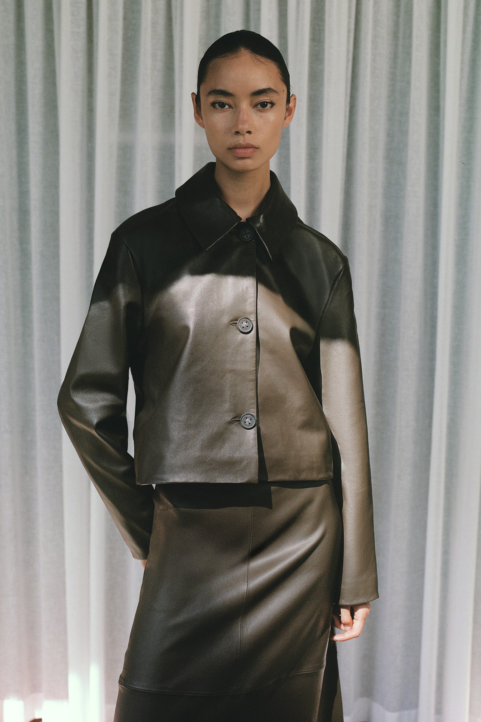 Leather Cropped Coat - Teak