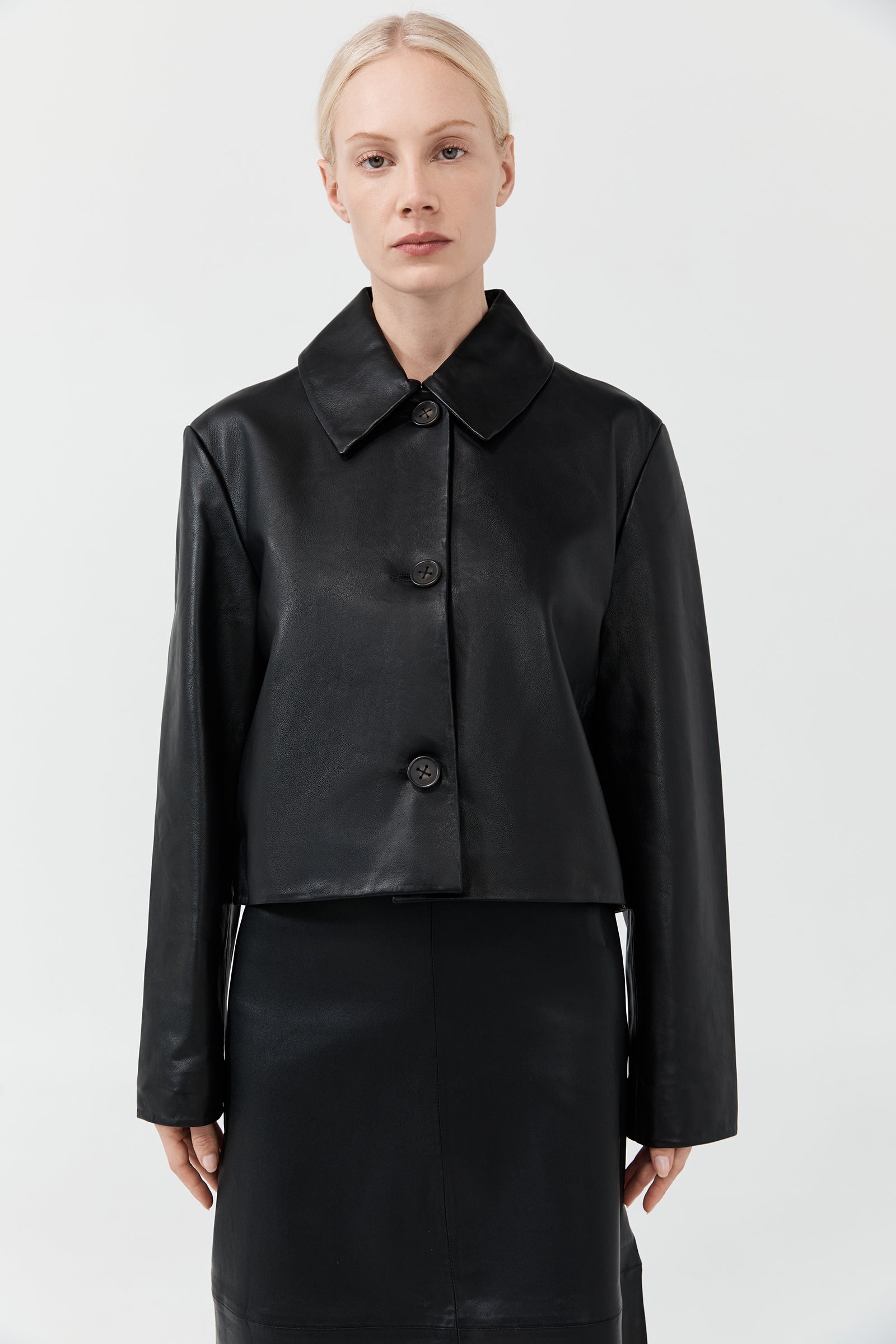 Leather Cropped Coat - Black