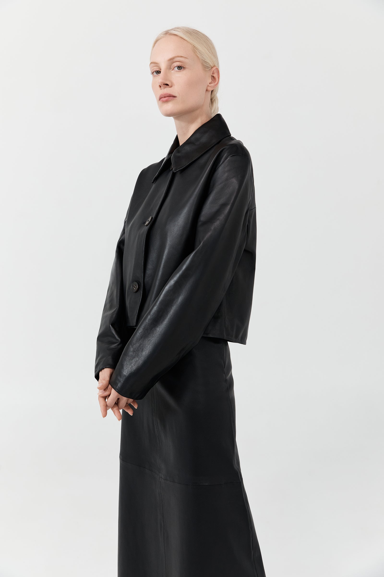 Leather Cropped Coat - Black