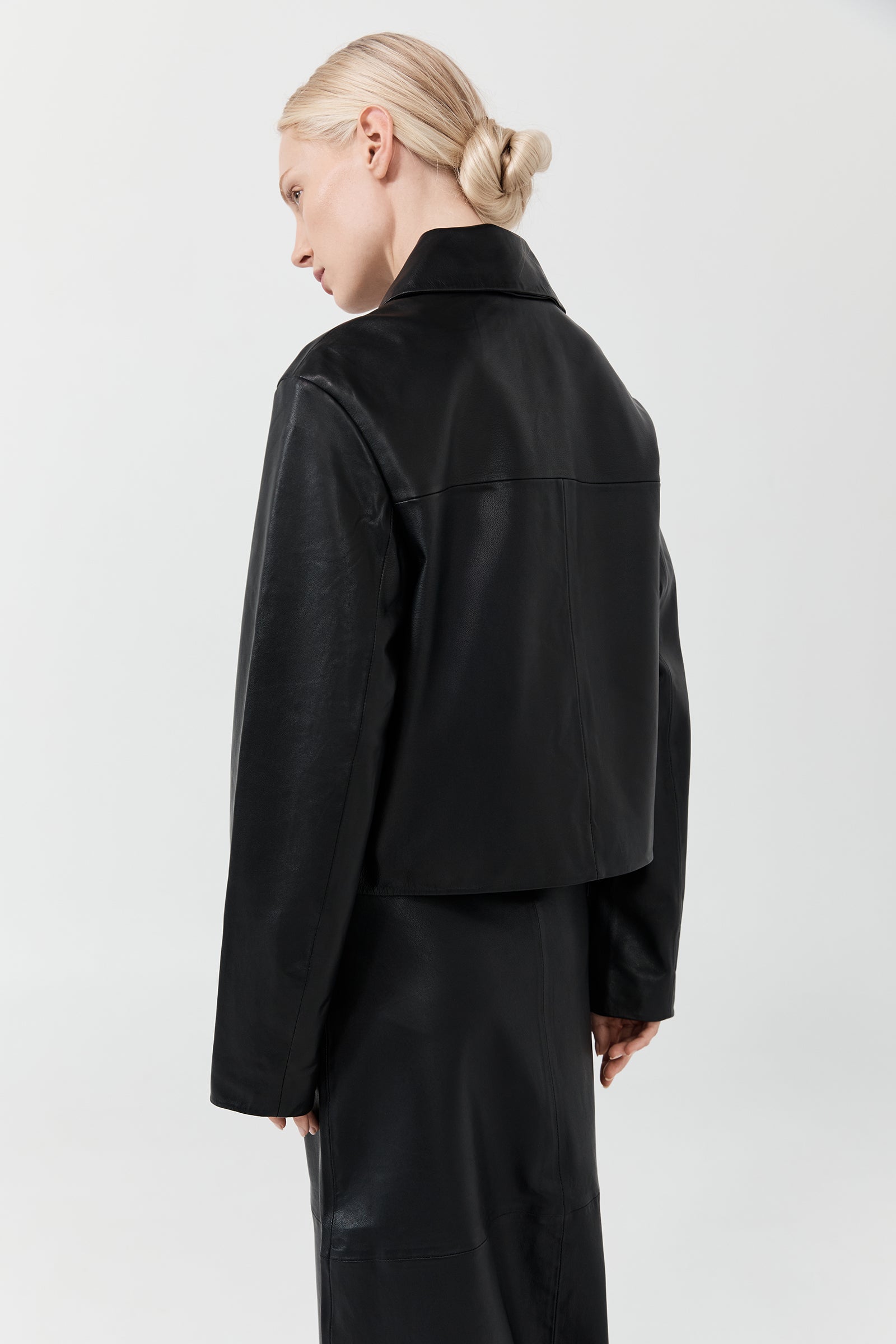 Leather Cropped Coat - Black