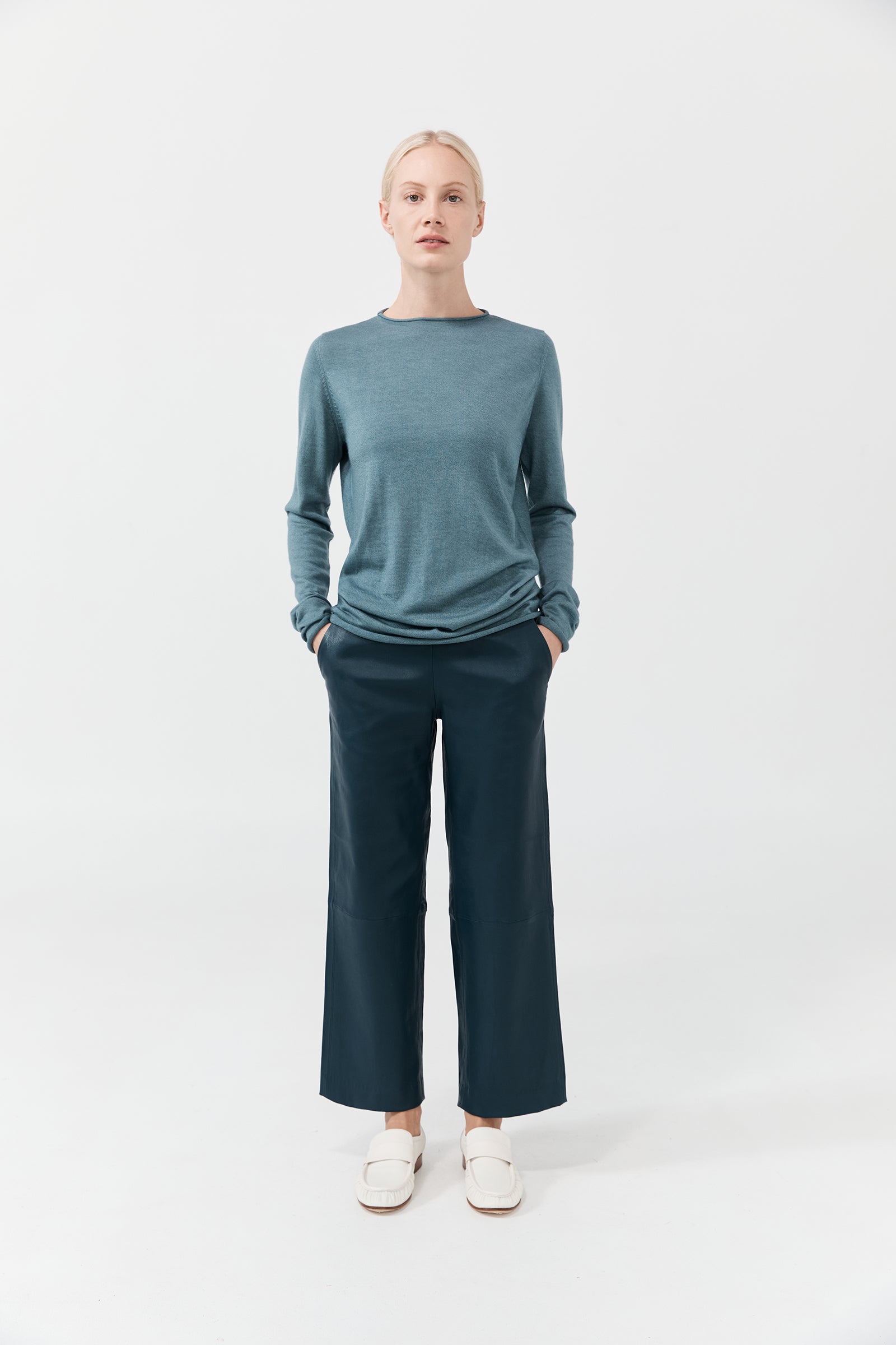 Cropped Wider Leg Stretch Leather Pant - Dark Storm