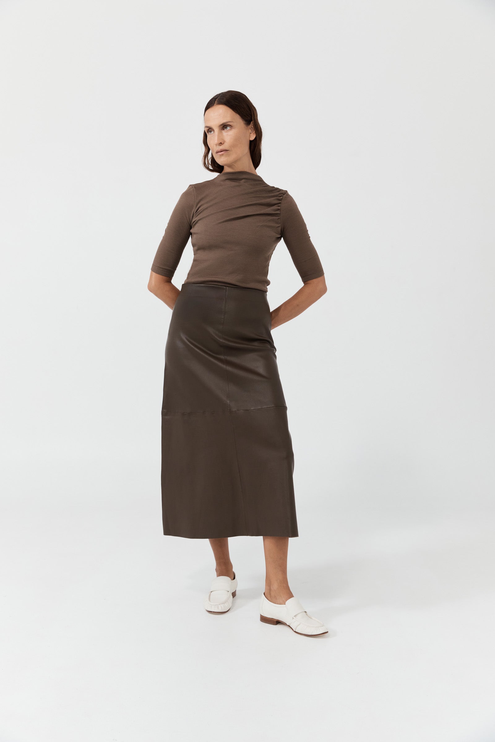 A-Line Stretch Leather Skirt - Teak