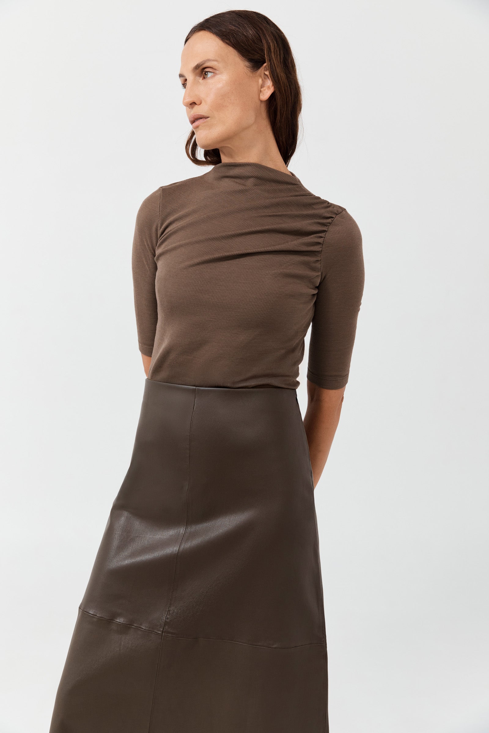 A-Line Stretch Leather Skirt - Teak