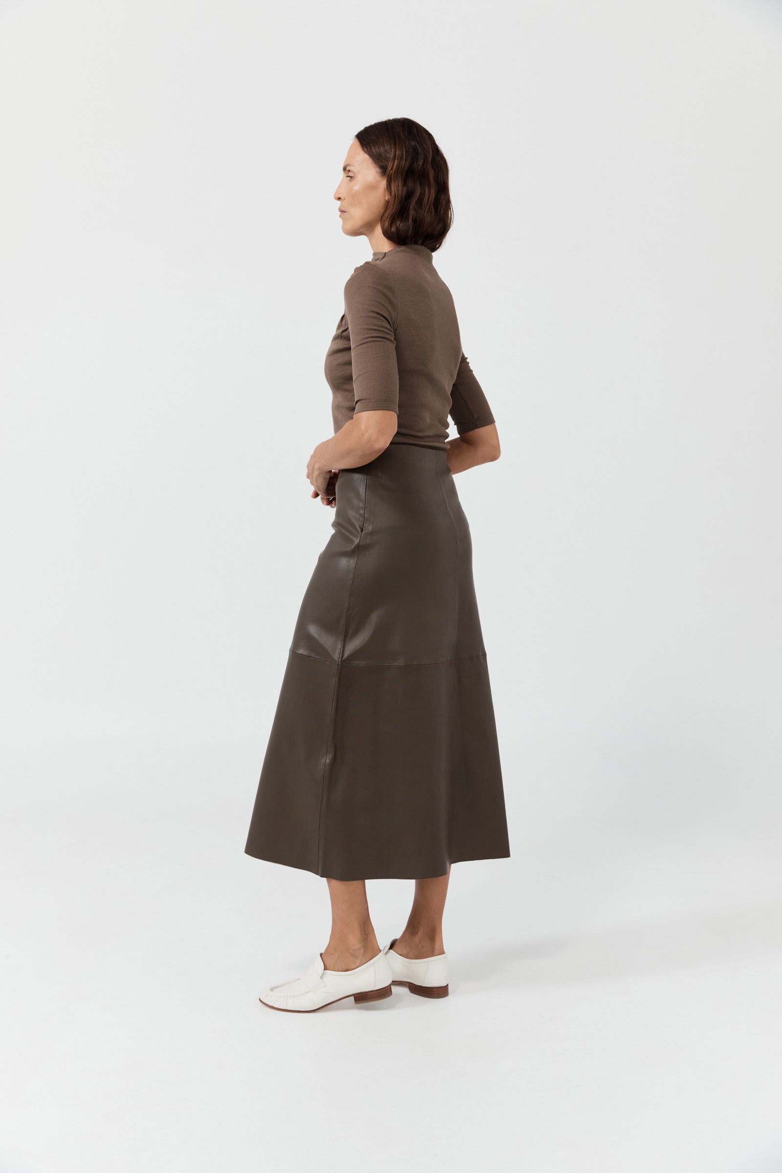A-Line Stretch Leather Skirt - Teak