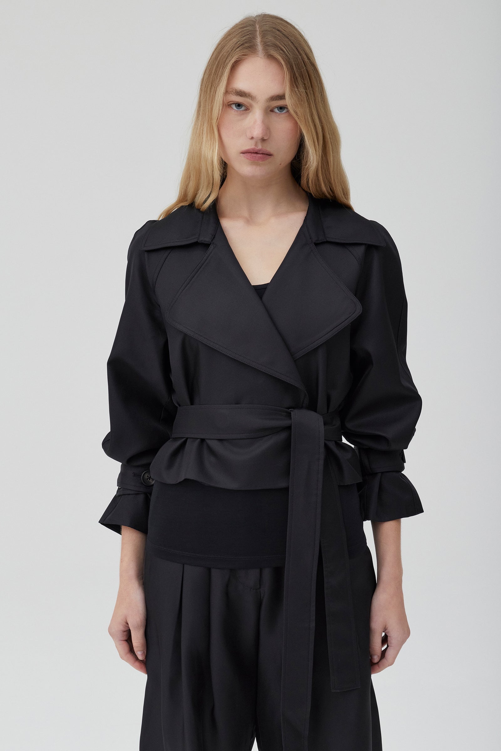 Cropped Trench Coat - Black Silk