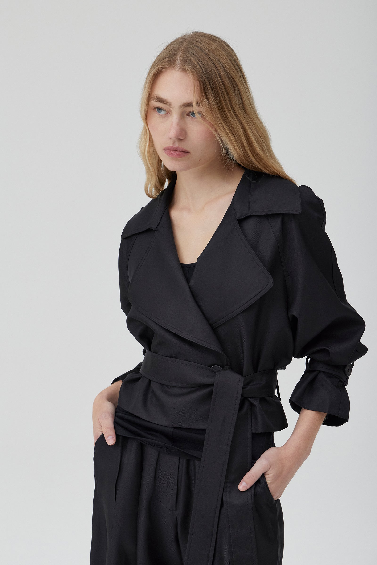 Cropped Trench Coat - Black Silk