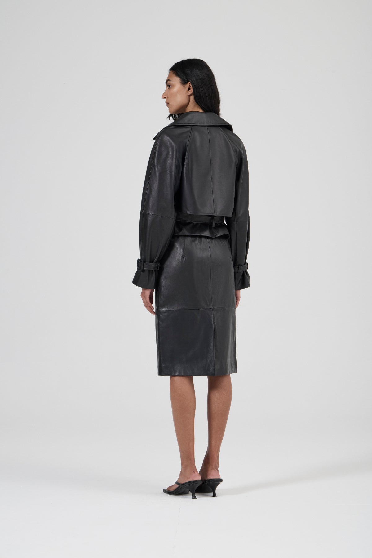 Cropped Trench Coat - Black Leather
