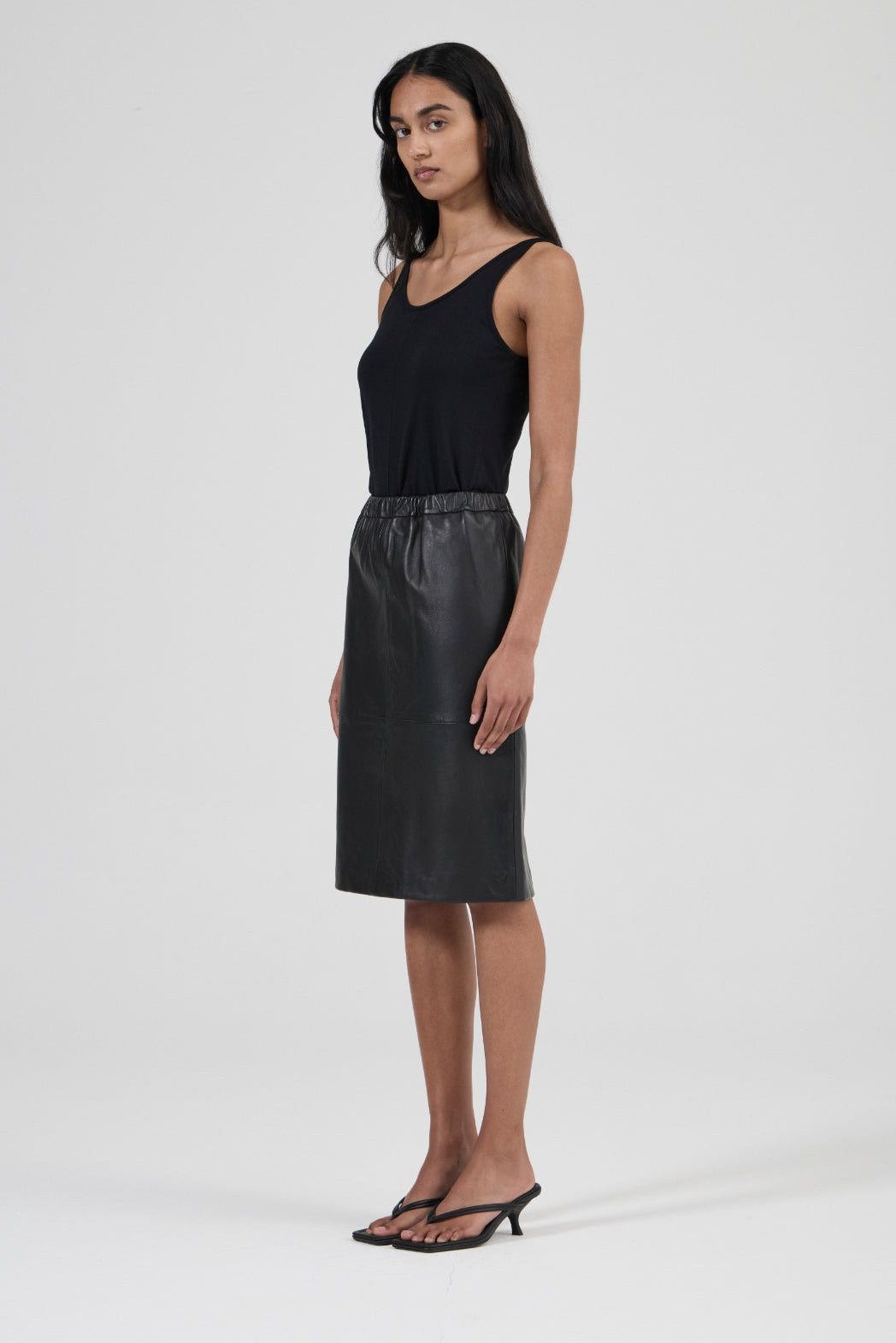 Knee Length Leather Skirt - Black