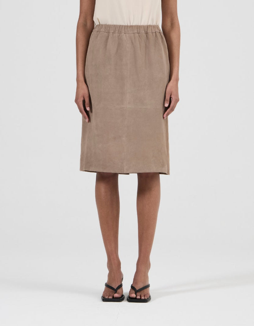Knee Length Leather Skirt - Mushroom Suede