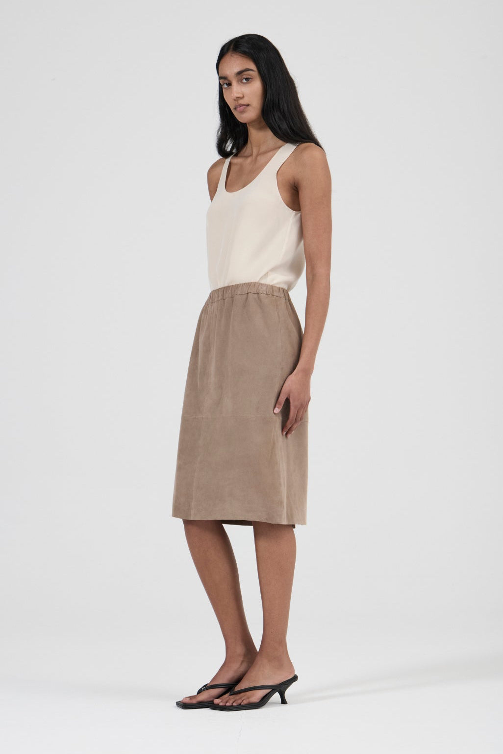 Knee Length Leather Skirt - Mushroom Suede