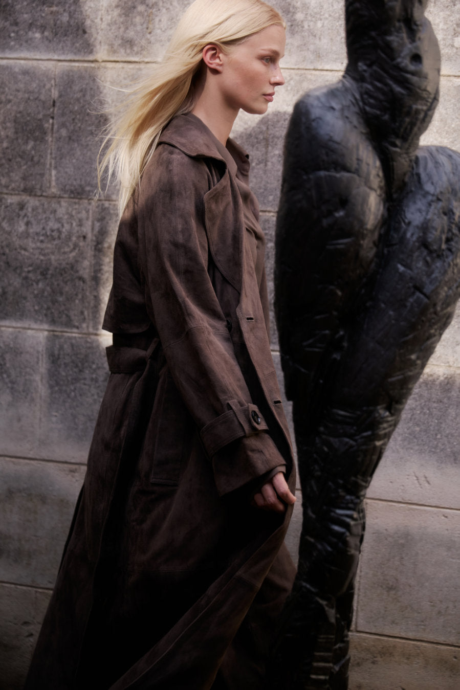 Leather Trench Coat - Dark Moss Suede