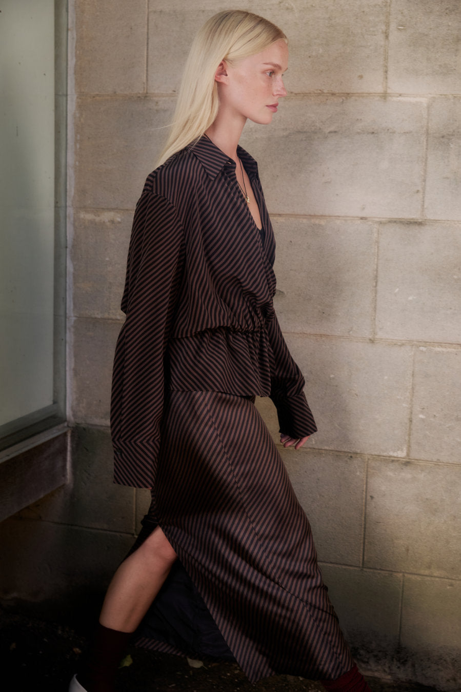 Column Skirt - Espresso Stripe Silk Twill