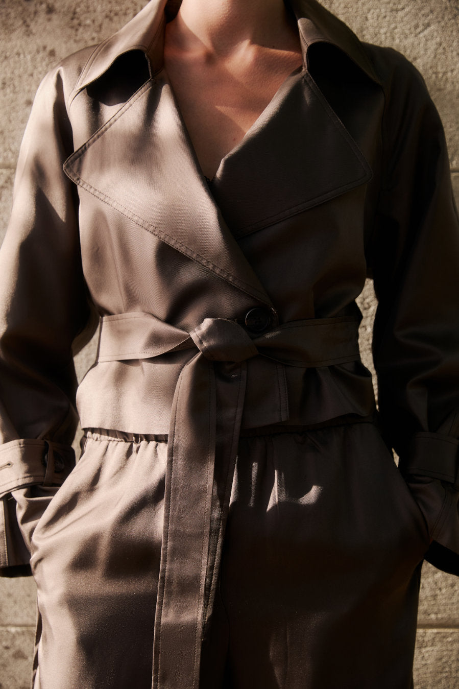 Cropped Trench Coat - Dark Moss Silk Twill