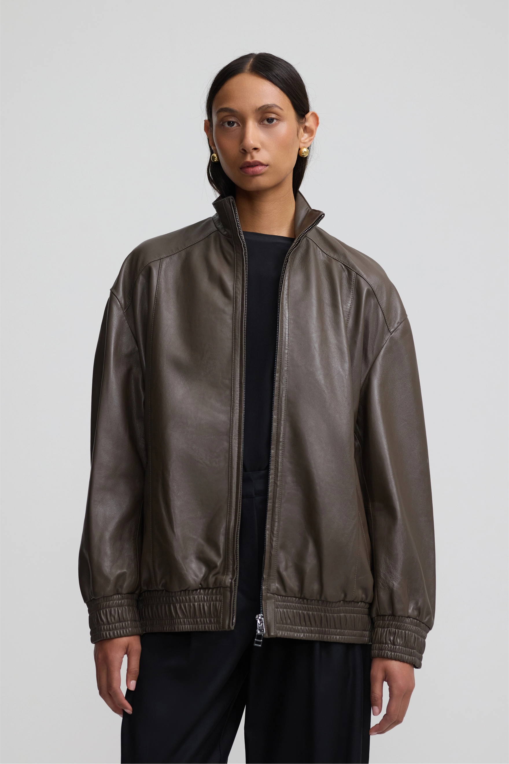 Leather Bomber - Dark Moss