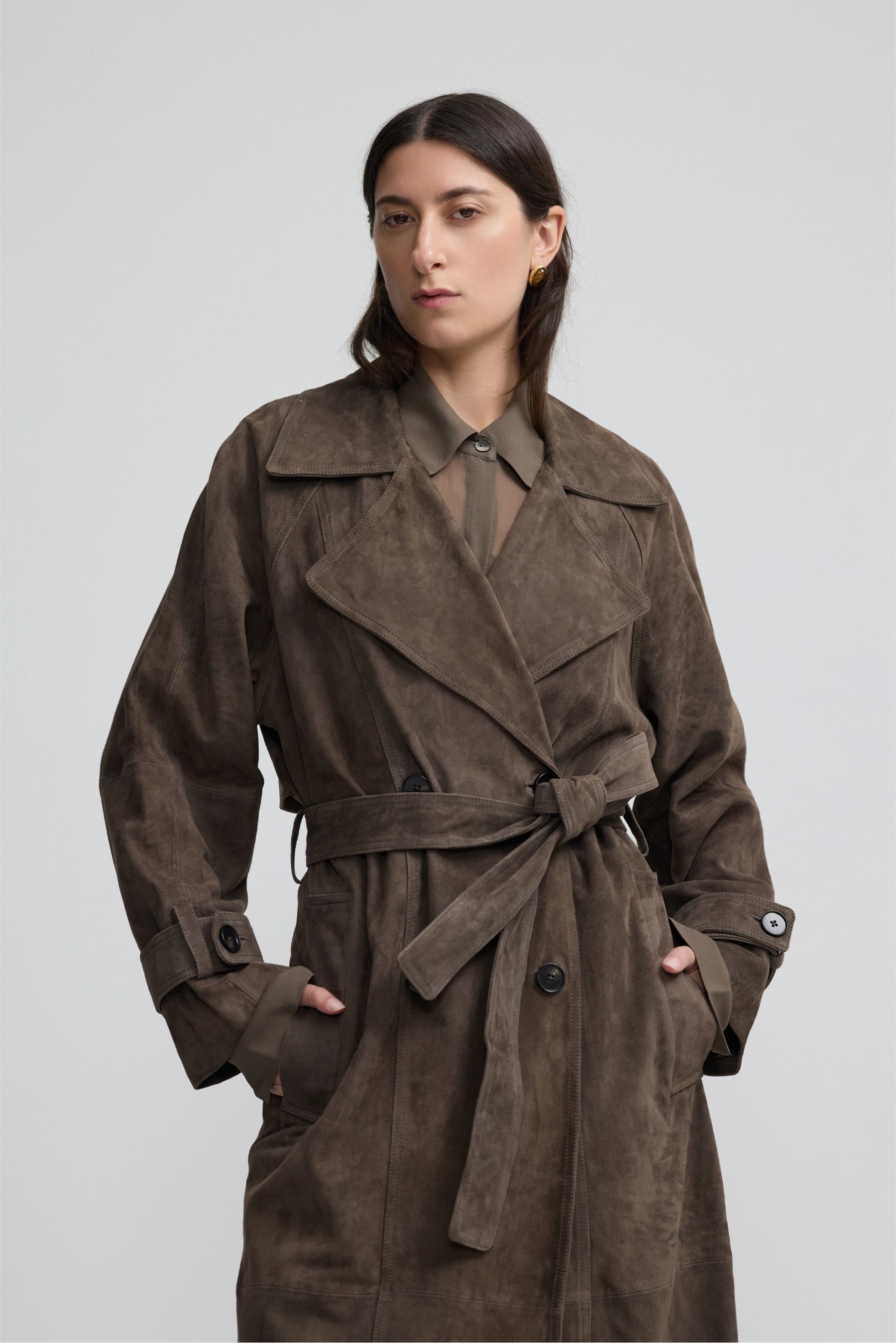 Leather Trench Coat - Dark Moss Suede