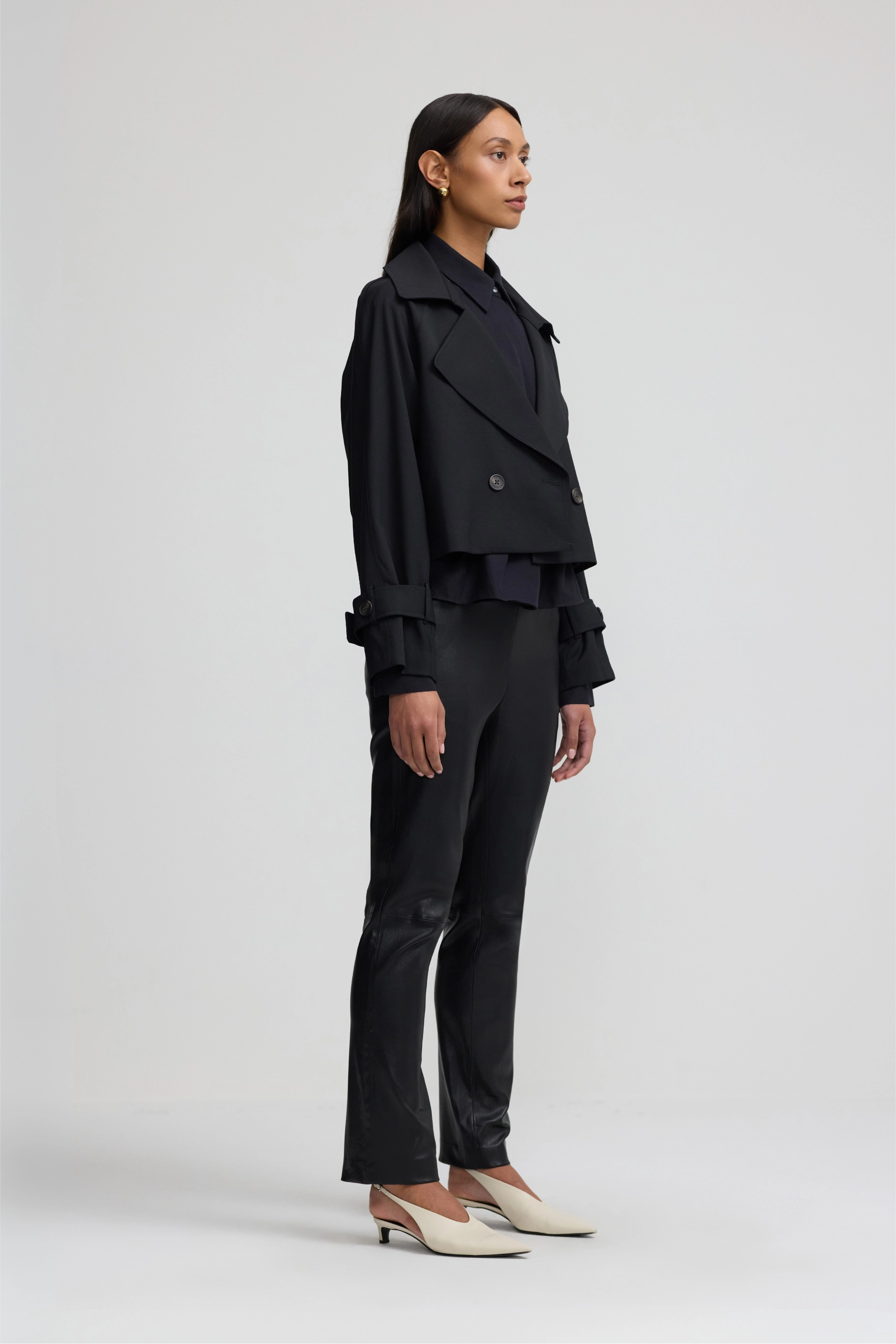 Cropped Trench Coat - Black Wool