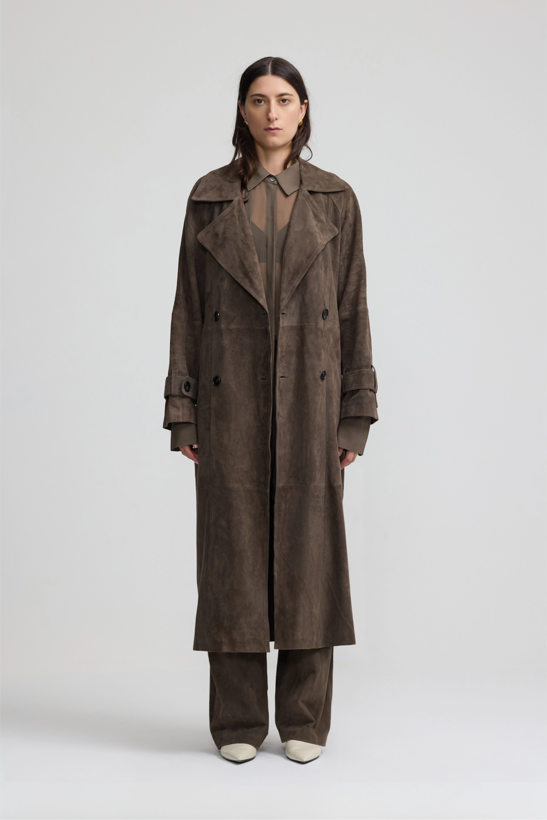 Leather Trench Coat - Dark Moss Suede