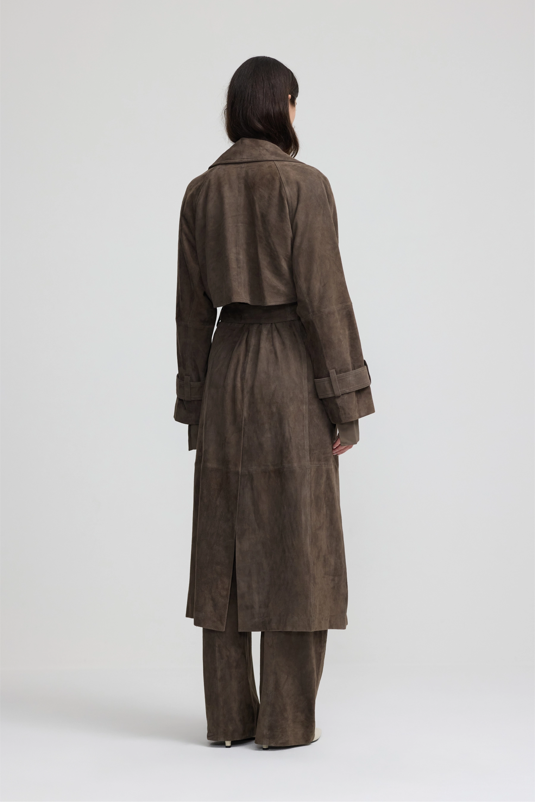 Leather Trench Coat - Dark Moss Suede