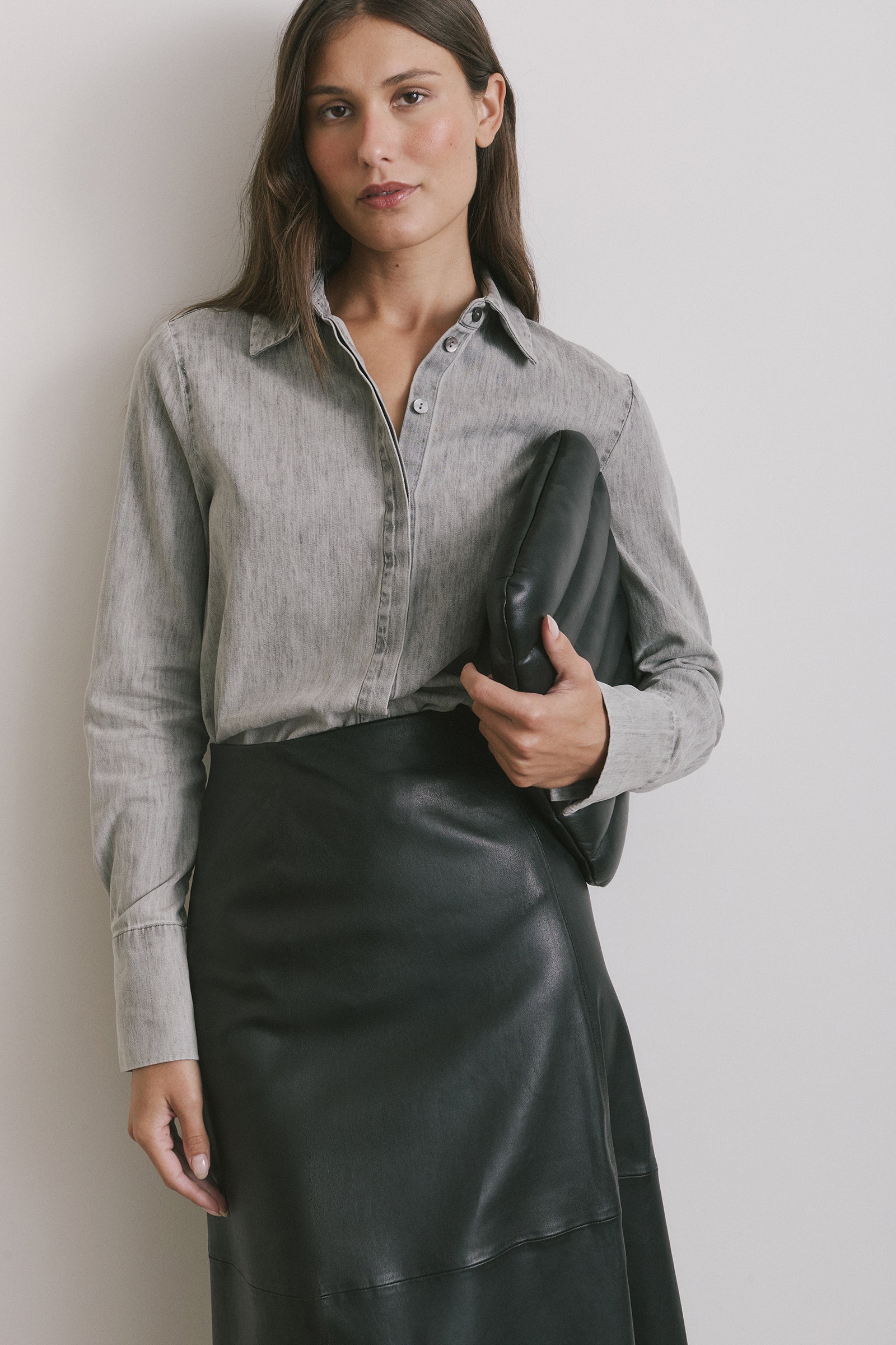 A-Line Stretch Leather Skirt - Black