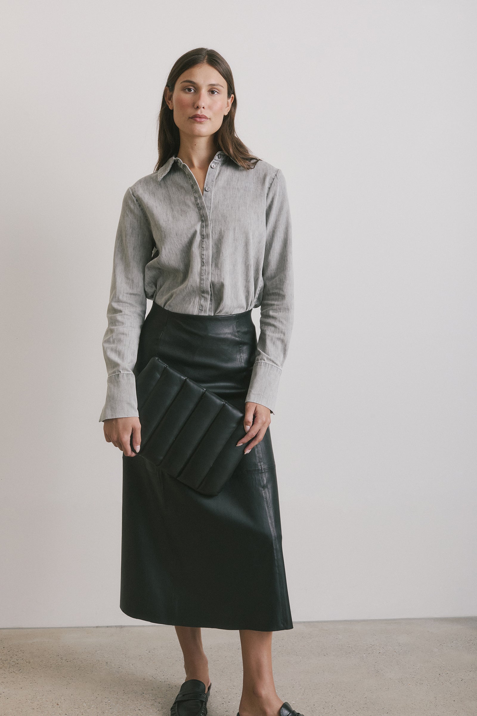 A-Line Stretch Leather Skirt - Black