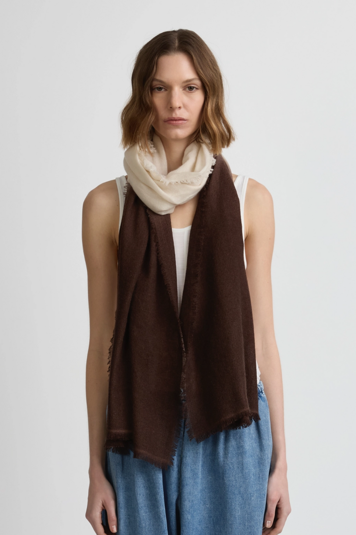 Cashmere Whisper Thin Scarf - Whisper White / Cafe Solo