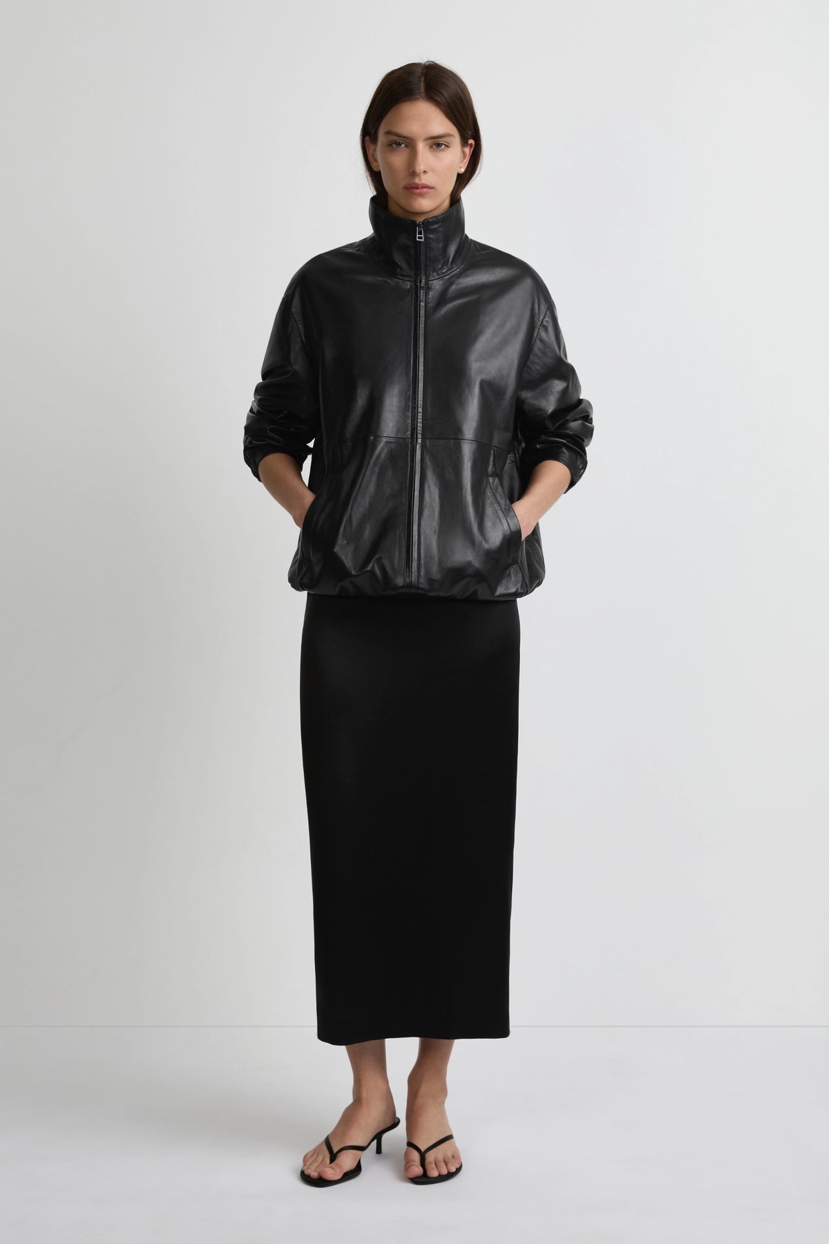 Leather Longline Bomber - Black