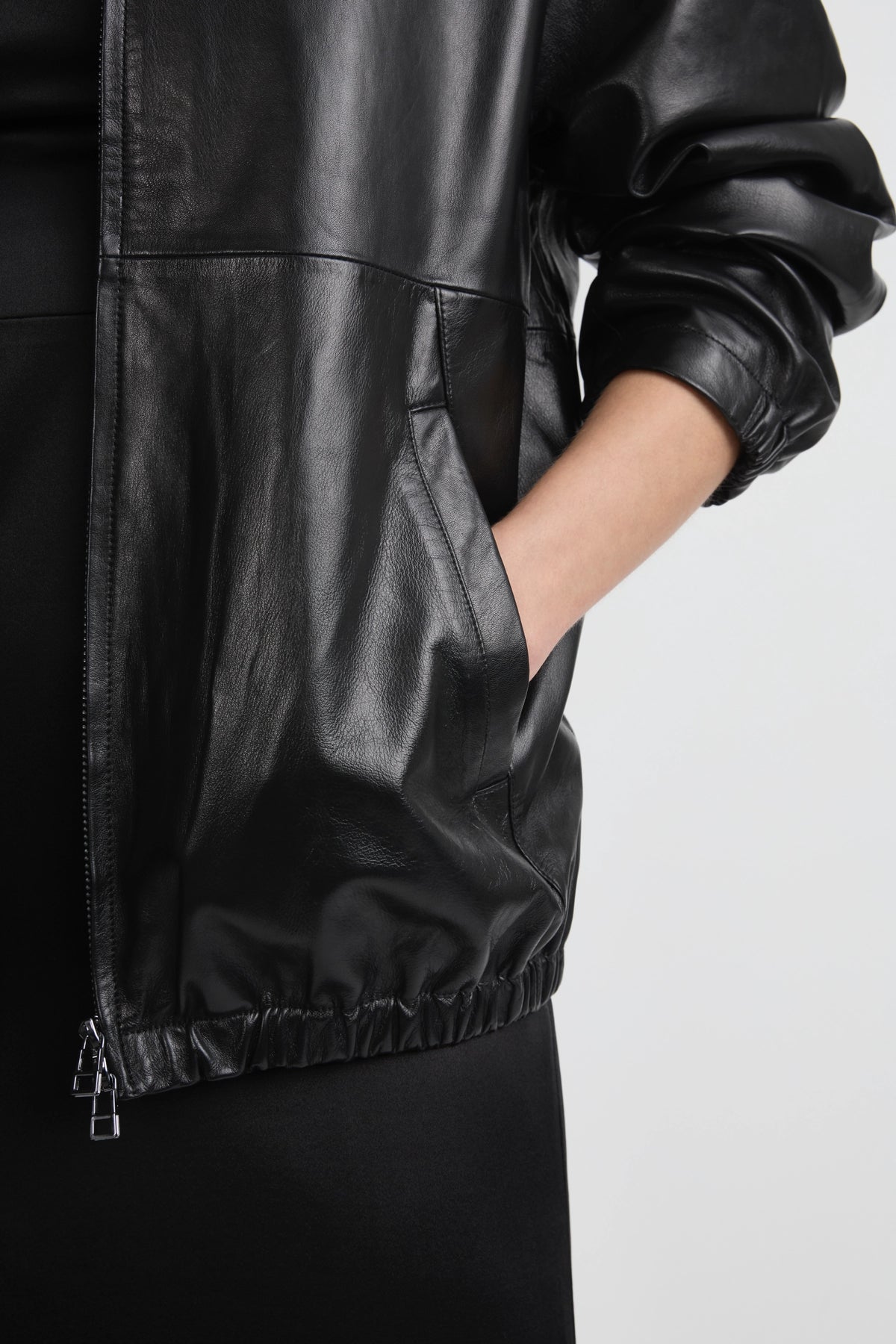 Leather Longline Bomber - Black