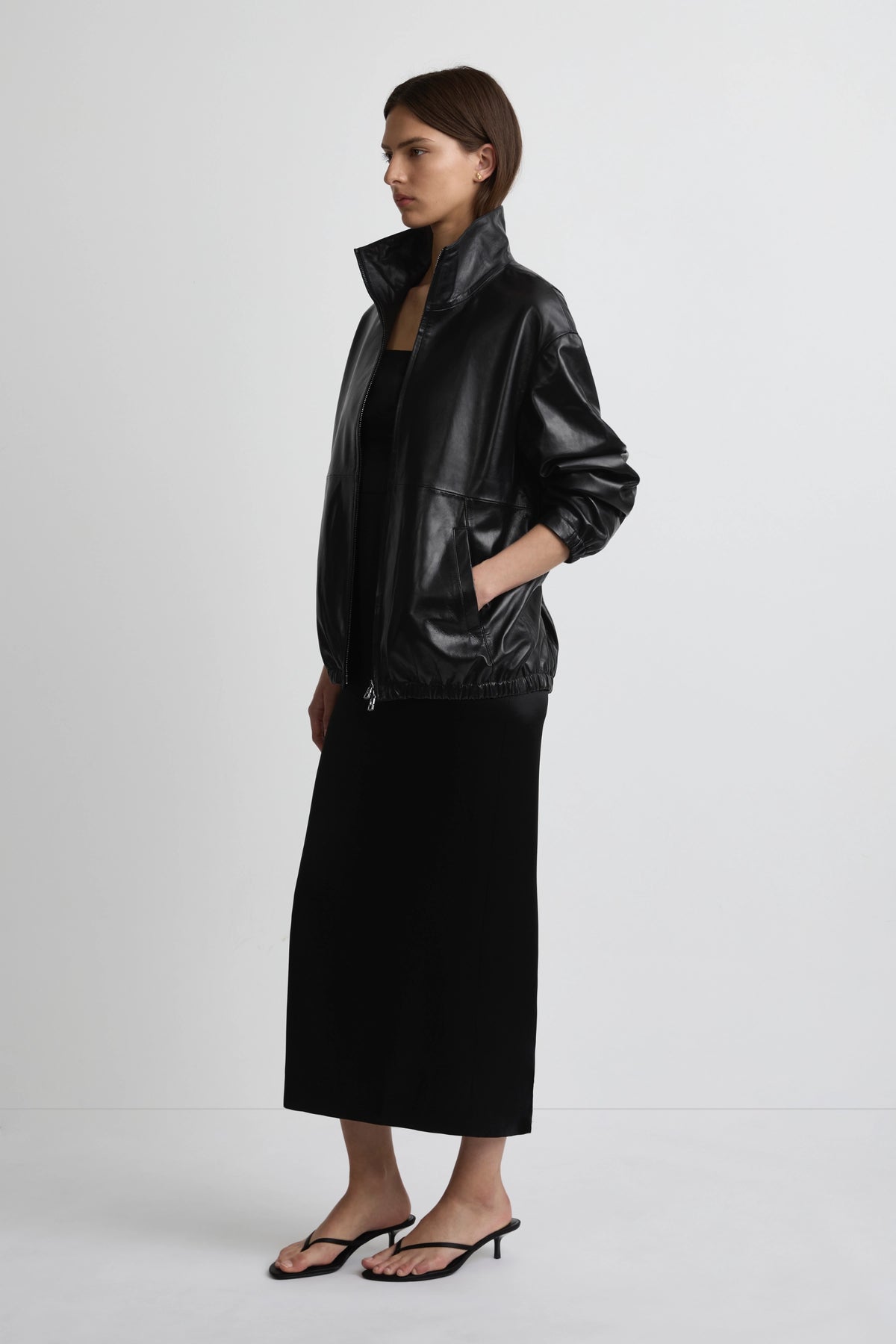 Leather Longline Bomber - Black