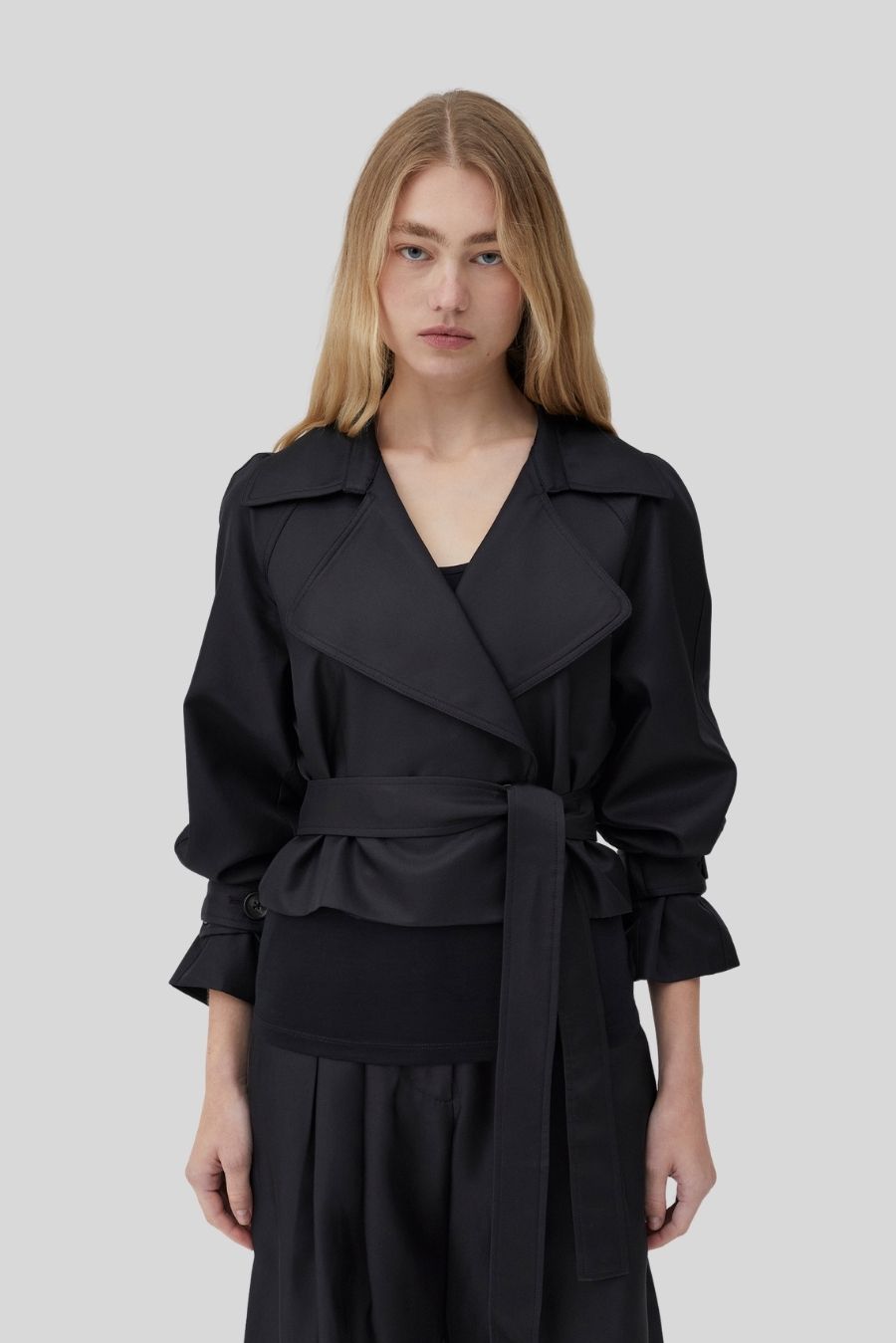 Cropped Trench Coat - Black Silk