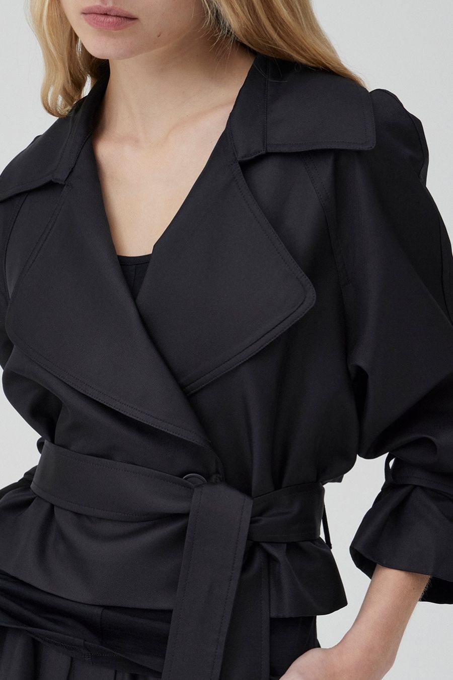 Cropped Trench Coat - Black Silk