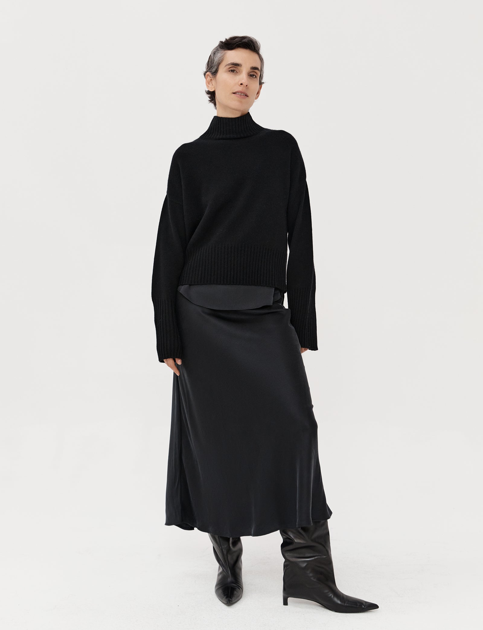 Cropped Cashmere Drop Shoulder Funnel - Black - Banded Together