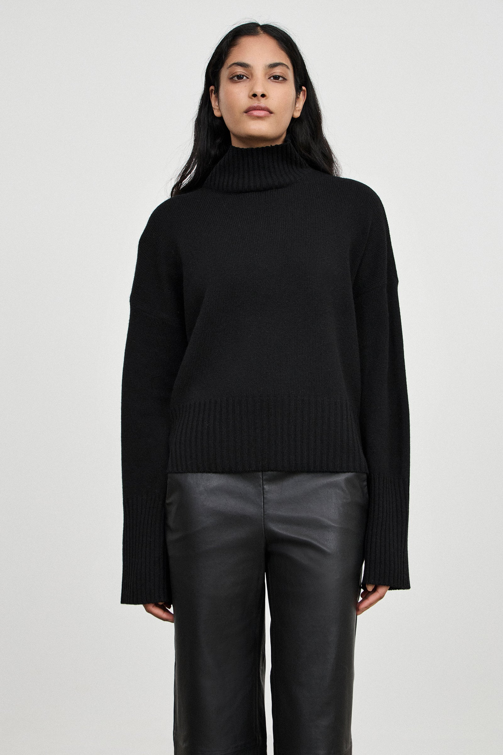 Cropped Cashmere Drop Shoulder Funnel - Black - Banded Together