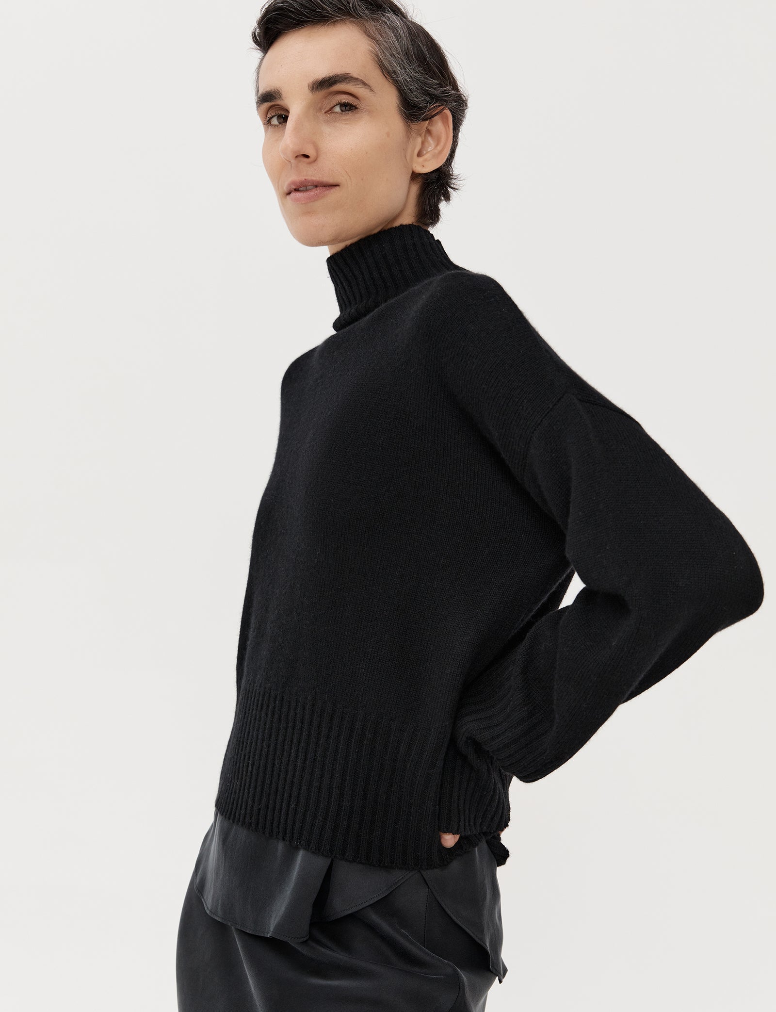 Cropped Cashmere Drop Shoulder Funnel - Black - Banded Together