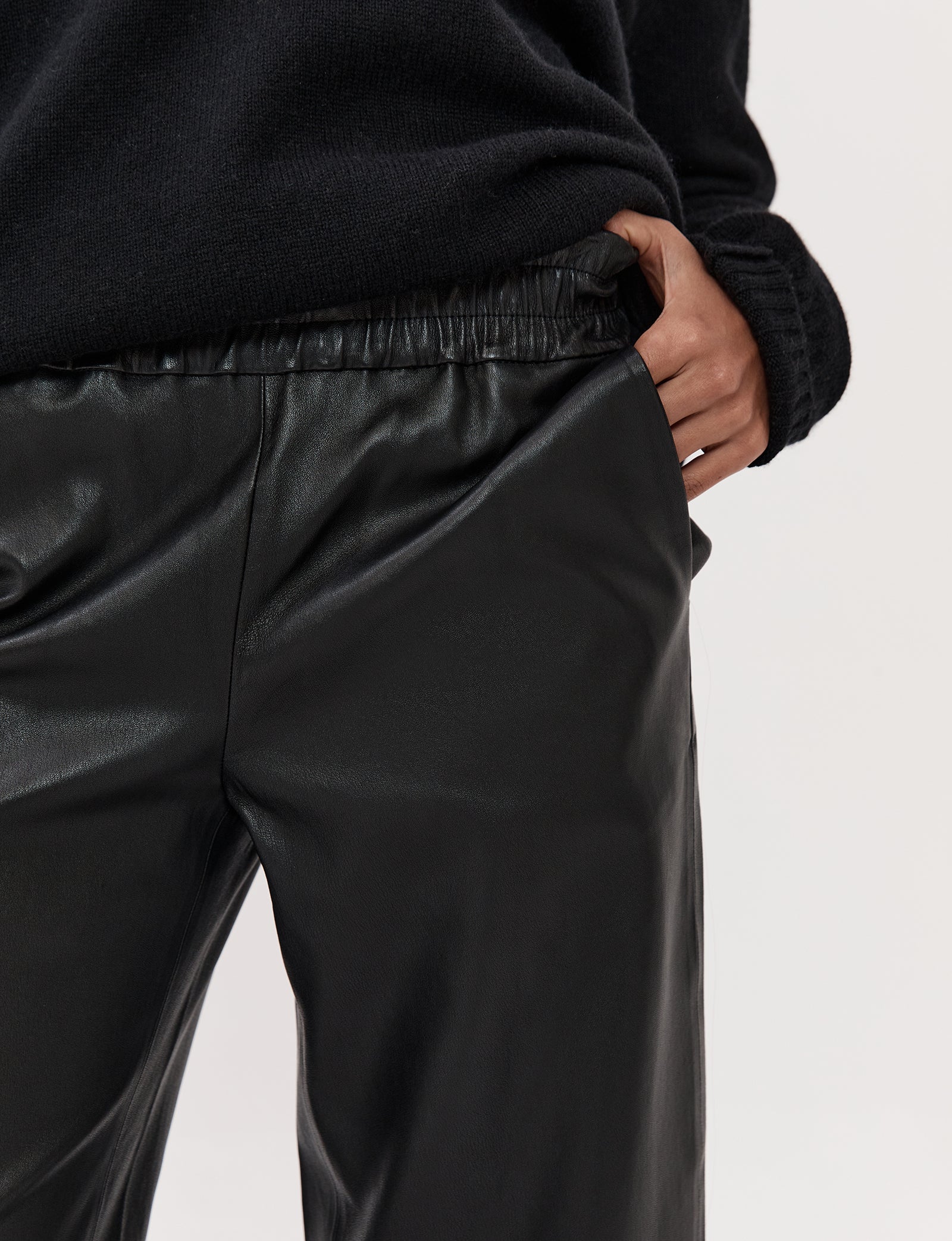 Cropped Wider Leg Stretch Leather Pant - Black - Banded Together