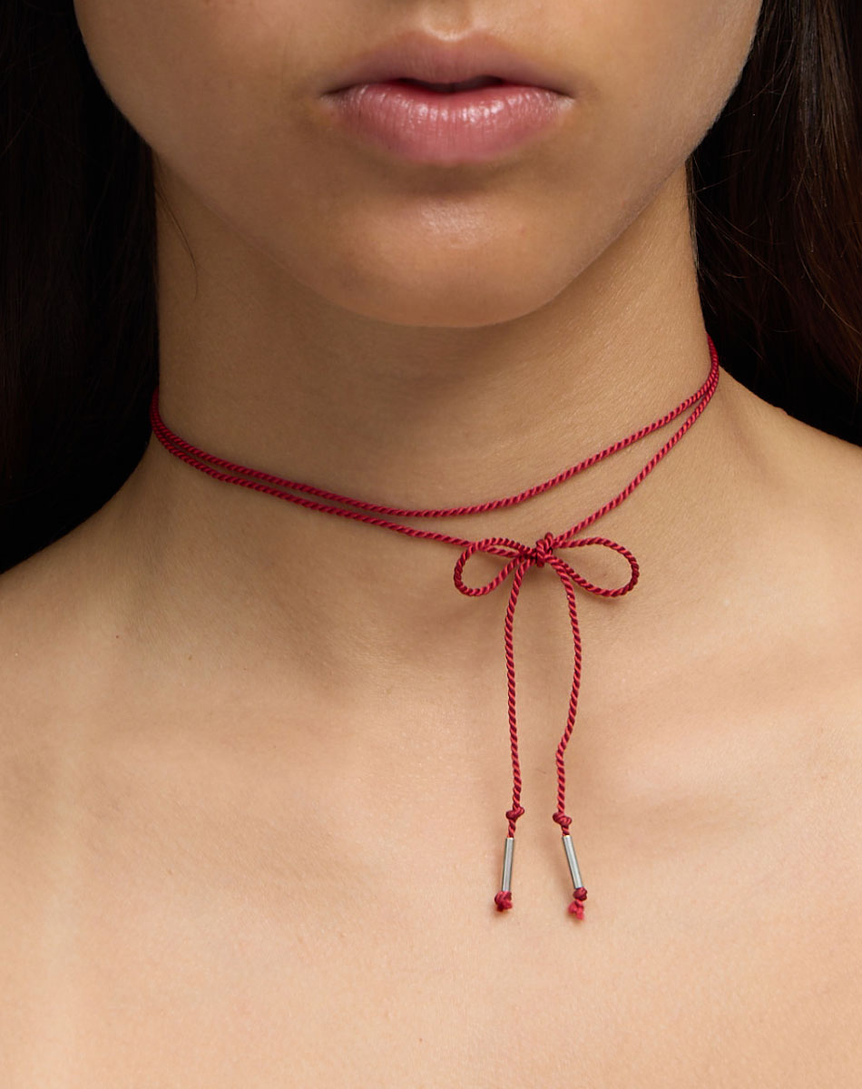 Meadowlark Red String Necklace - Silver (on model close)