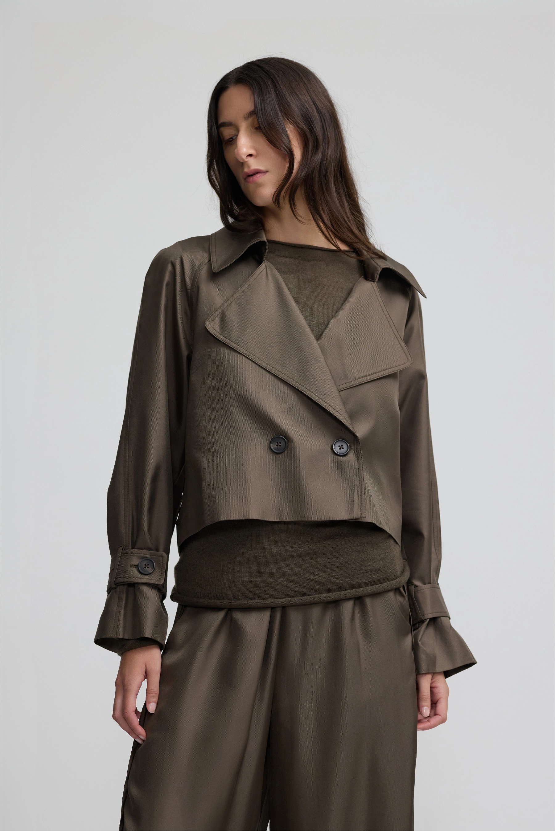 Cropped Trench Coat - Dark Moss Silk Twill