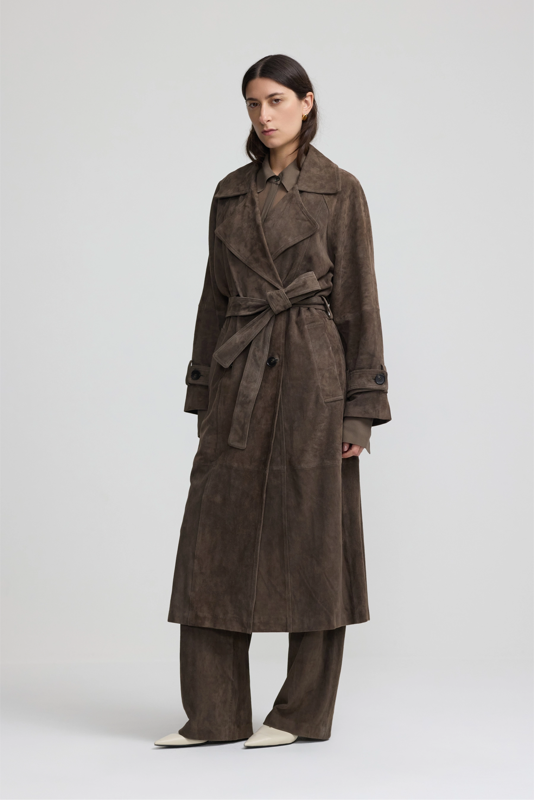 Leather Trench Coat - Dark Moss Suede