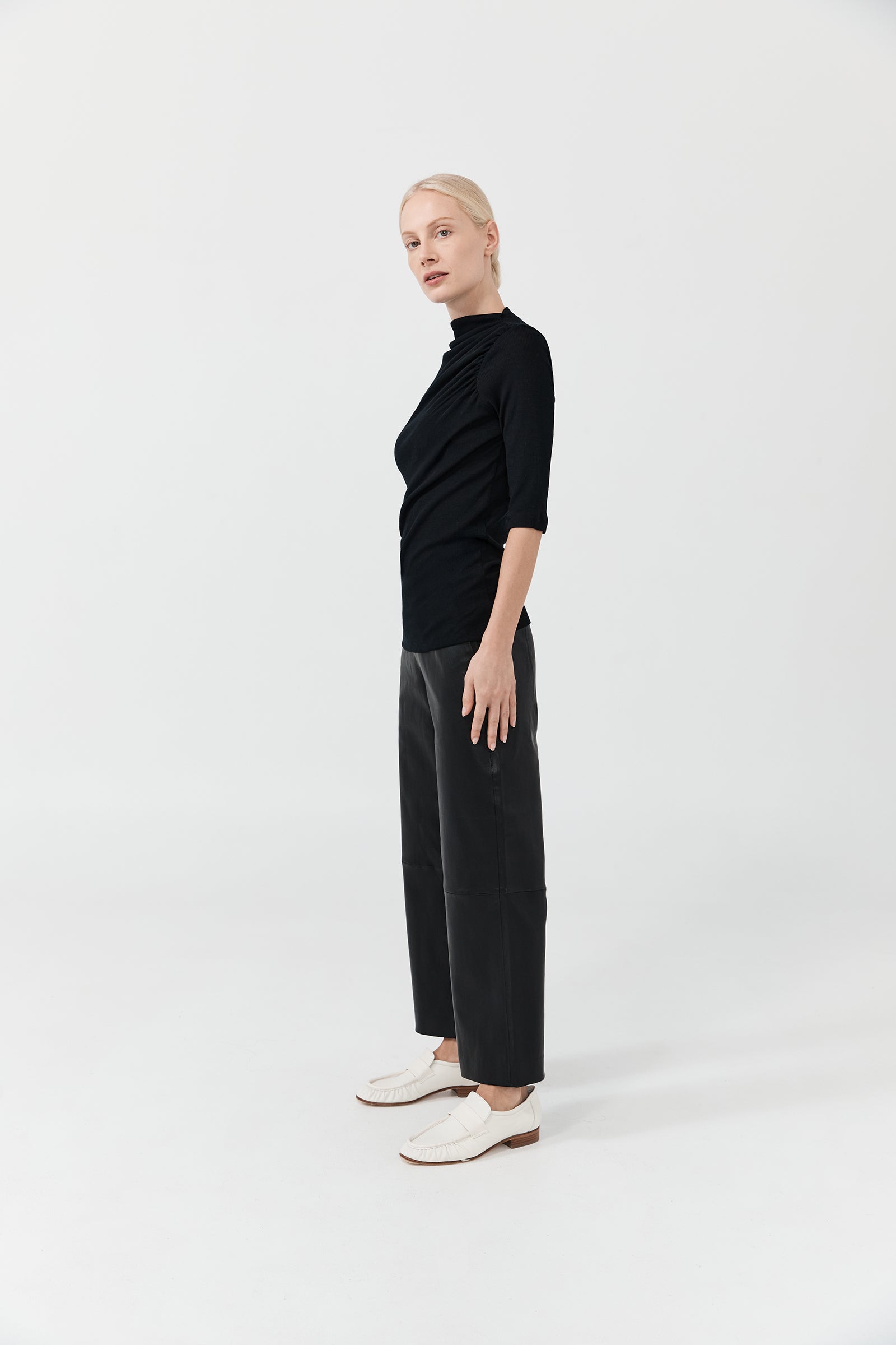 Cropped Wider Leg Stretch Leather Pant - Black