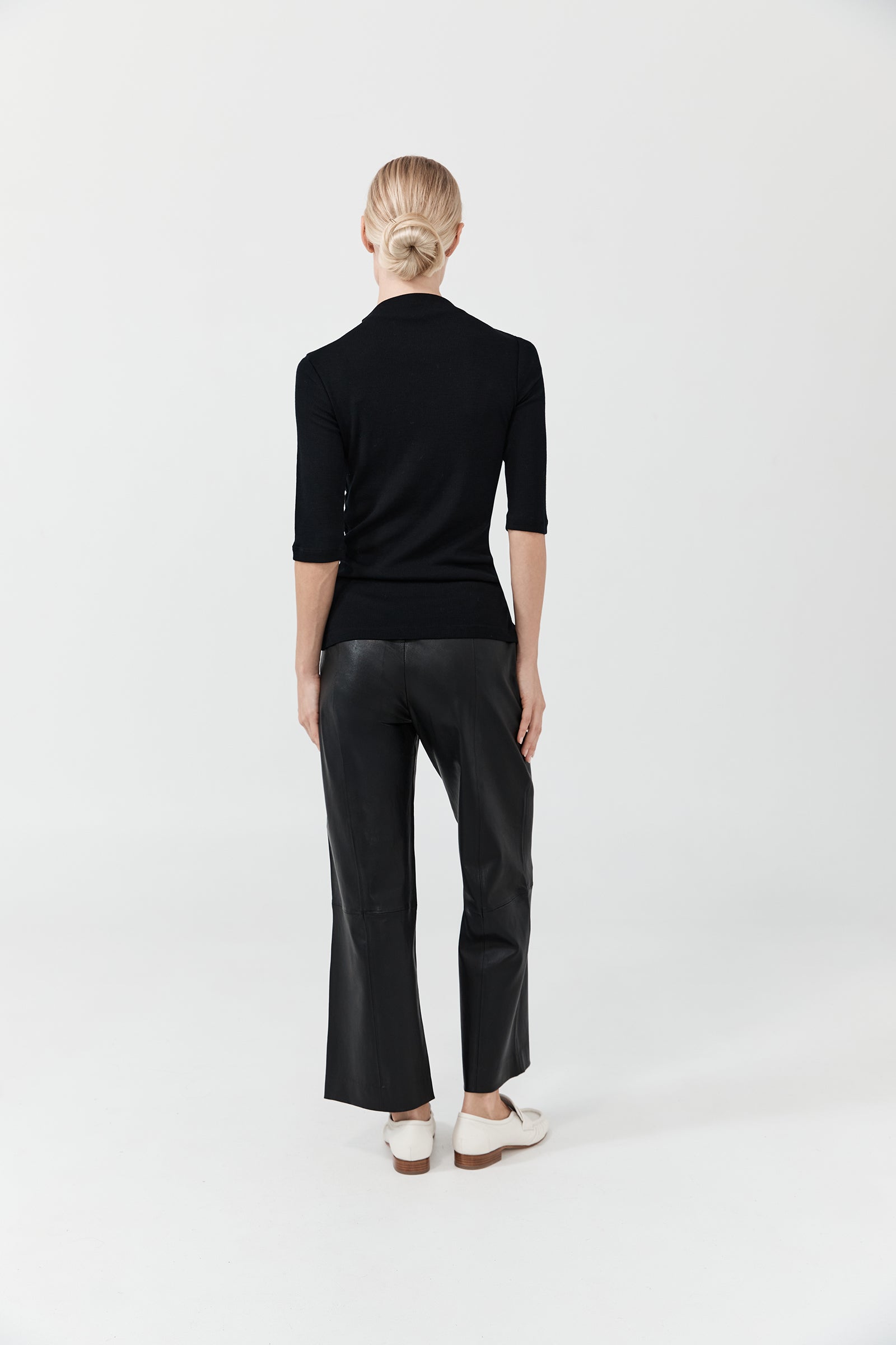 Cropped Wider Leg Stretch Leather Pant - Black