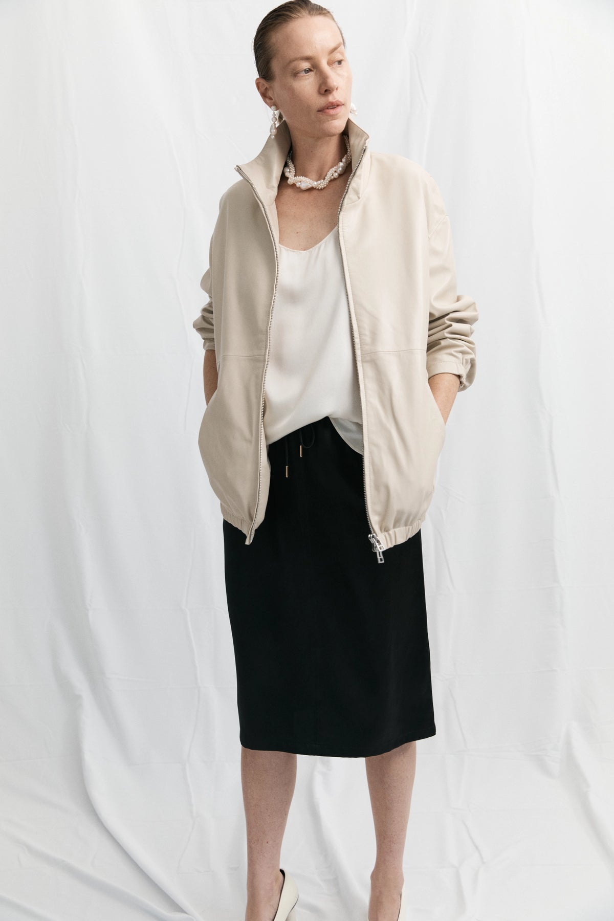Leather Longline Bomber - Chalk