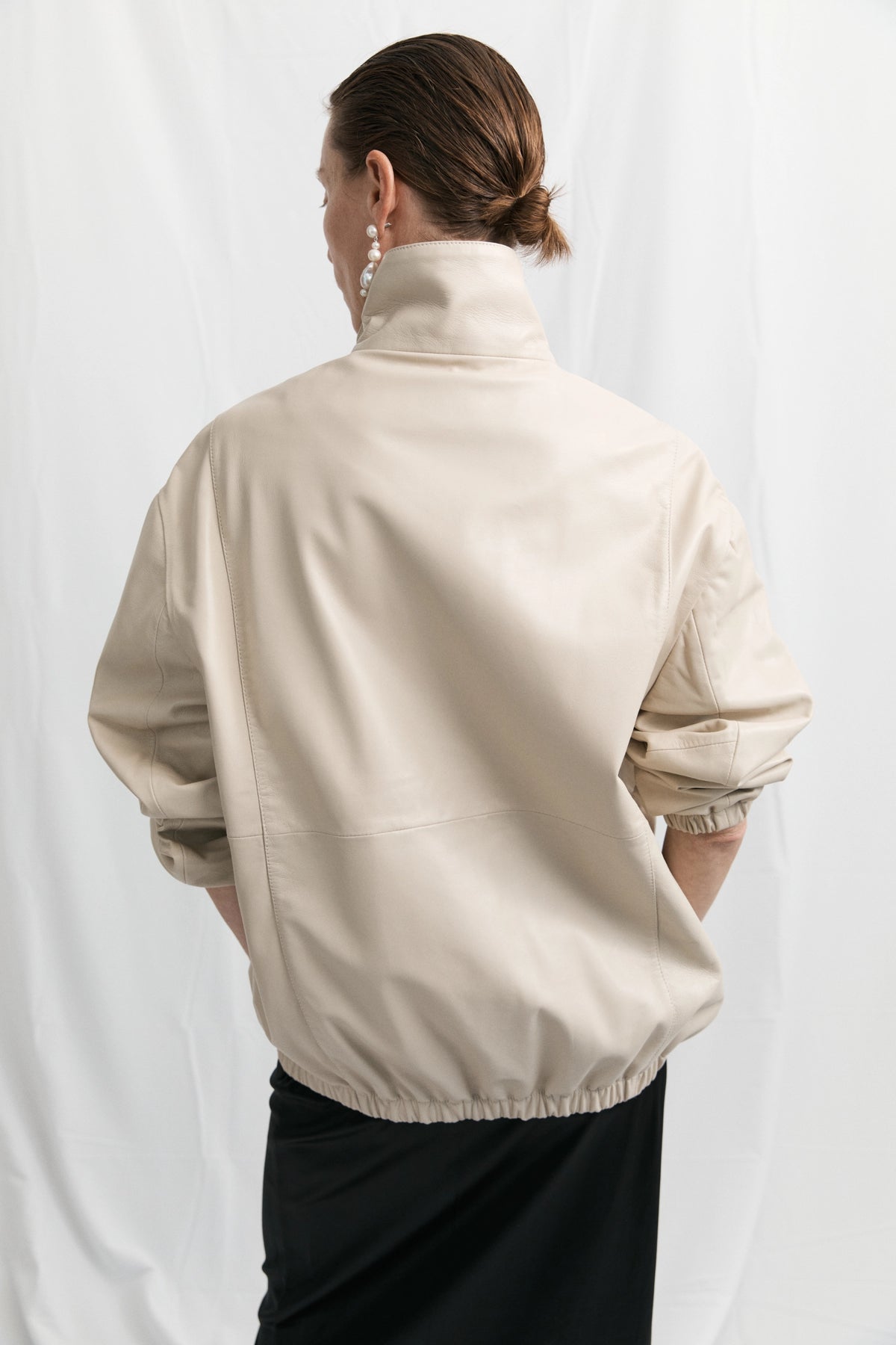 Leather Longline Bomber - Chalk