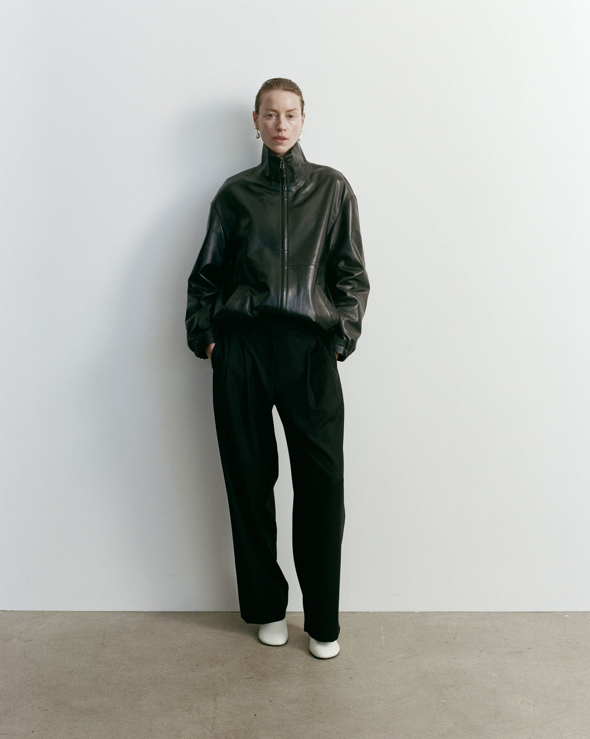 Leather Longline Bomber - Black