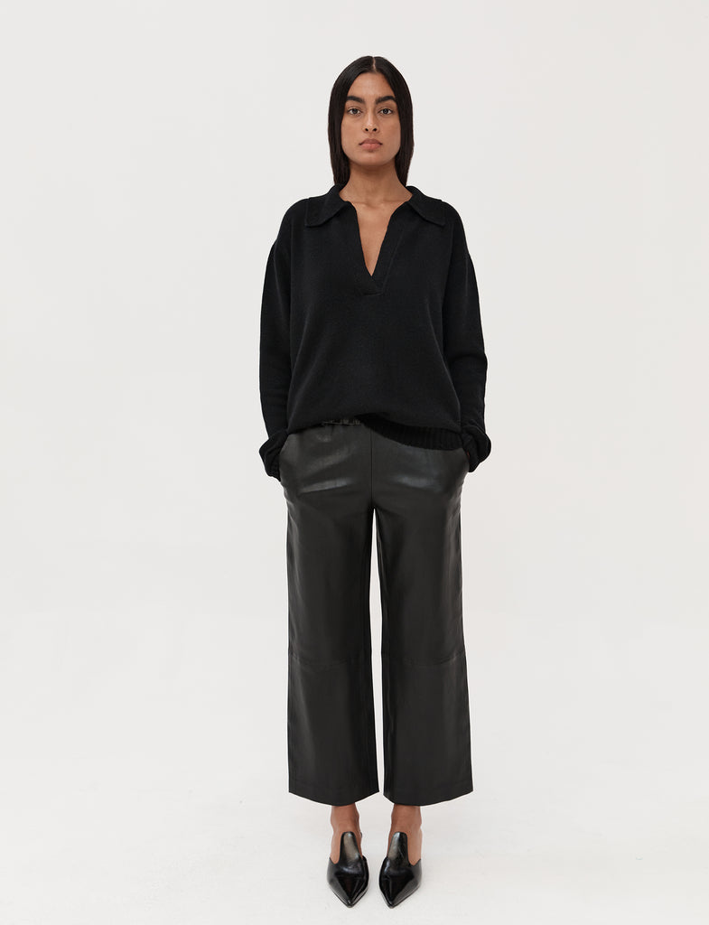 Cropped Wider Leg Stretch Leather Pant - Black