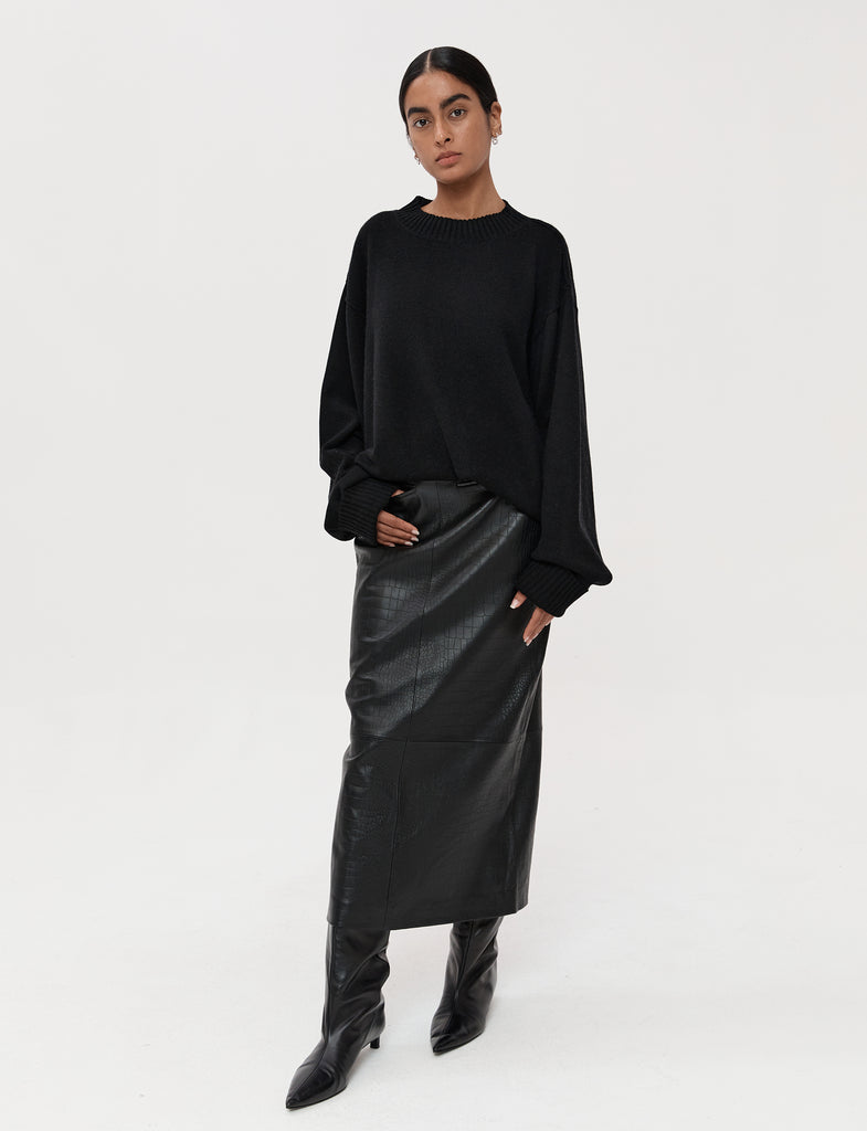 Leather Pencil Skirt - Croc Black