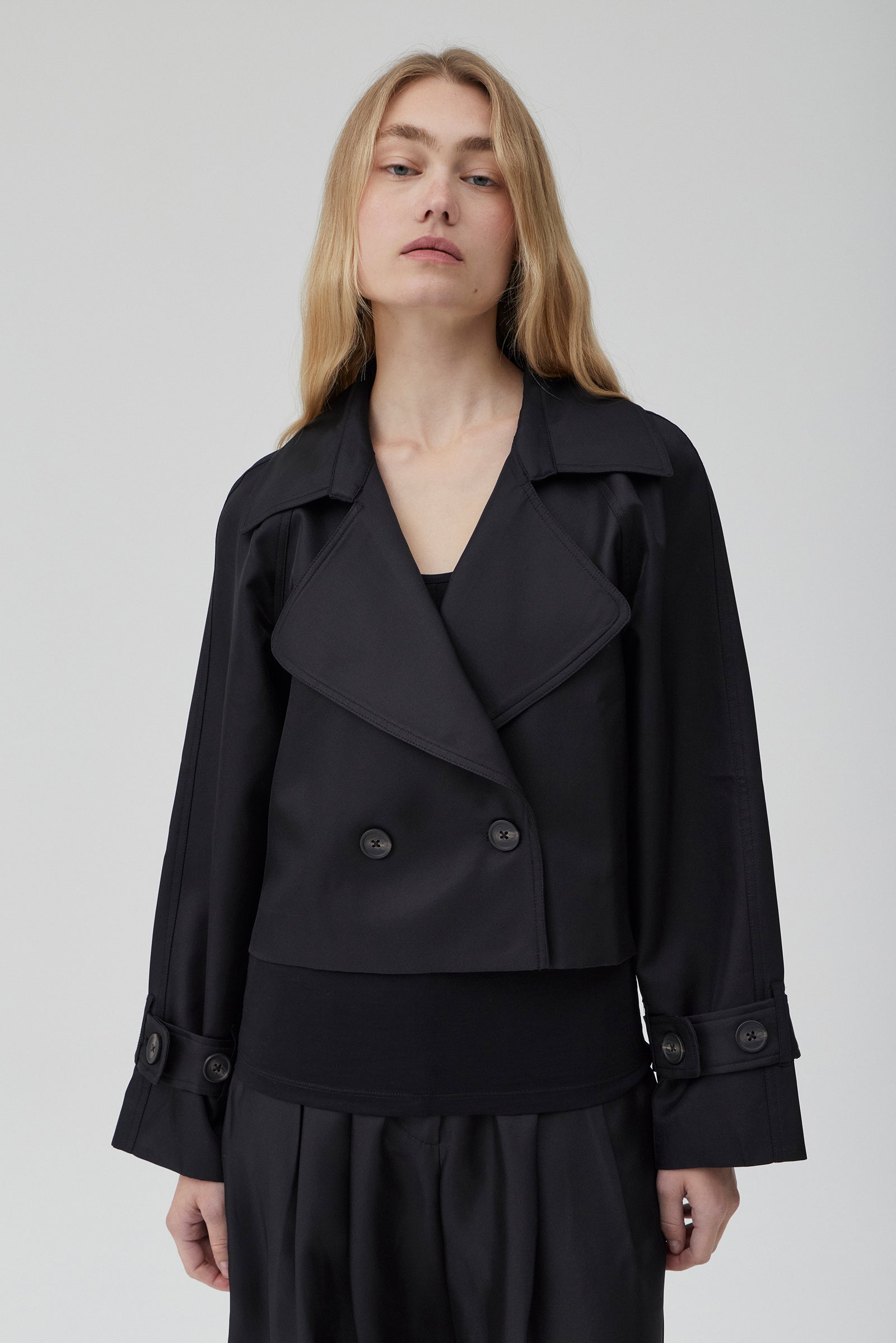 Cropped Trench Coat - Black Silk
