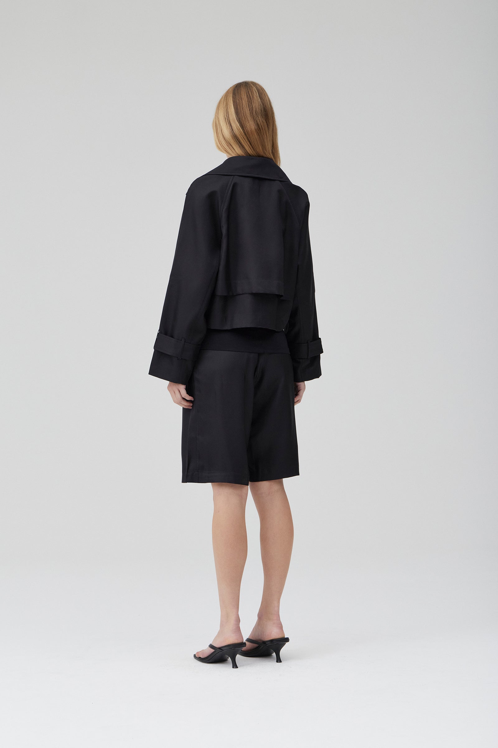 Cropped Trench Coat - Black Silk