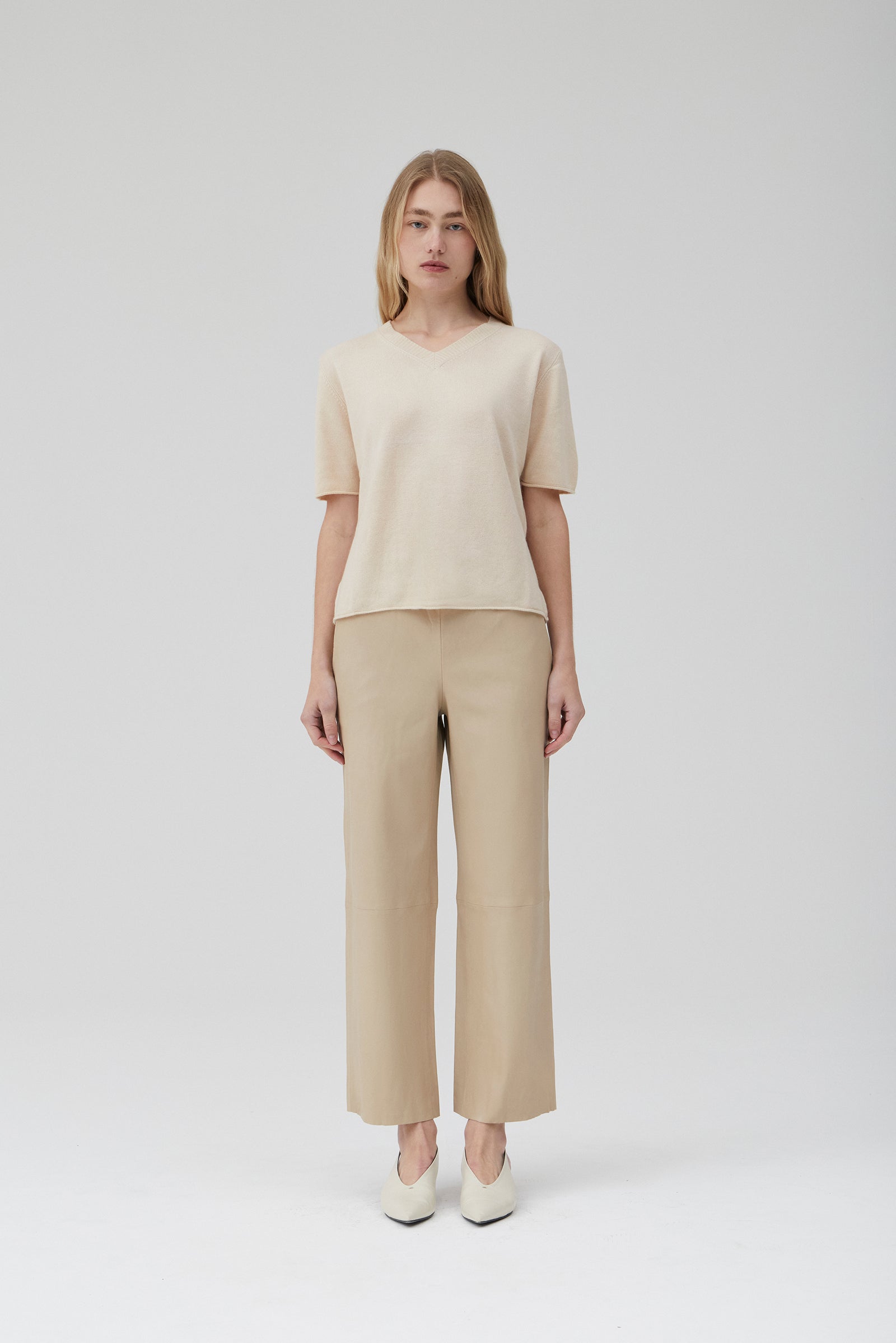 Cropped Wider Leg Stretch Leather Pant - Creme Brulee